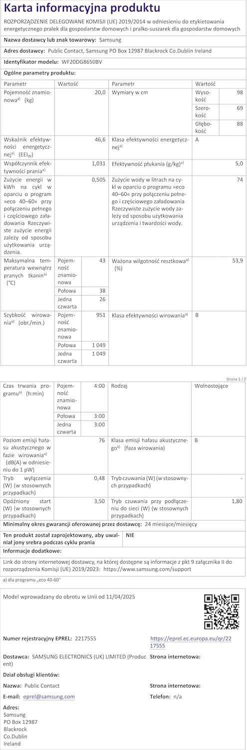 Samsung - lave-linge frontal série 8600 - grande capacité, EcoBubble - WF20DG8650BV