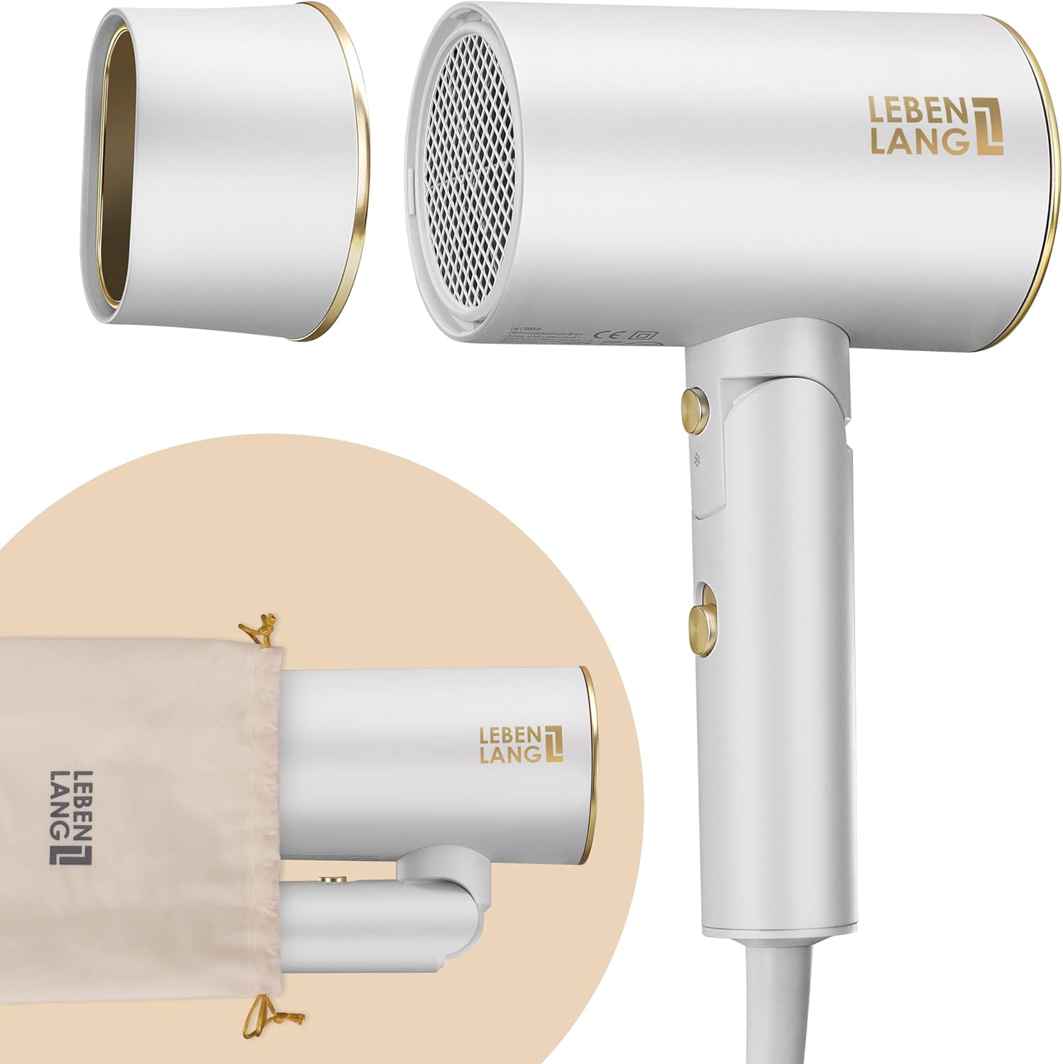 LEBENLANG - sèche-cheveux compact pliable 2100W, ionique, anti-fourches, air froid, blanche