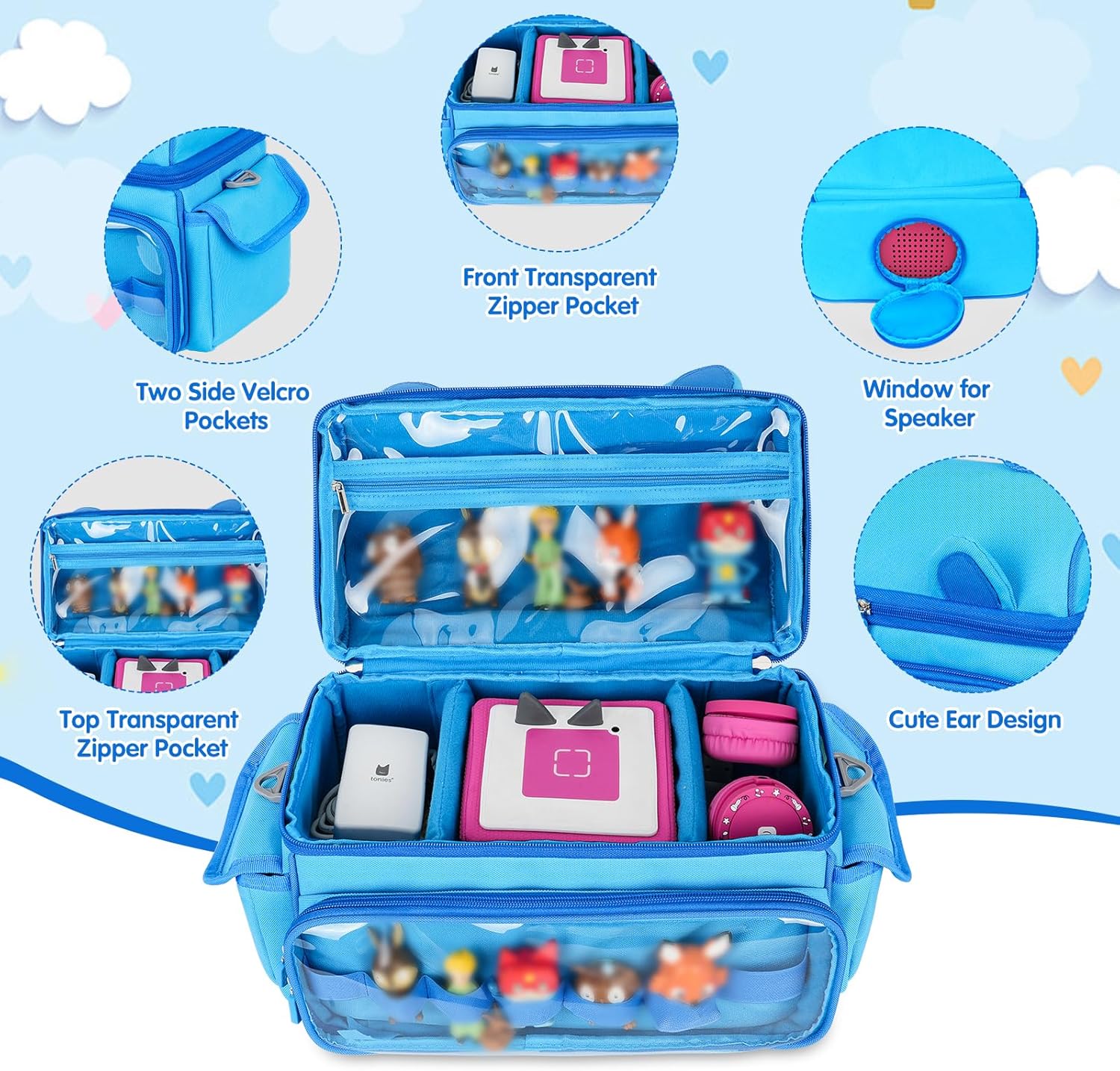 Étui de transport - compatible Toniebox 2/1 - joli sac rangement - pour figurines, écouteurs et accessoires