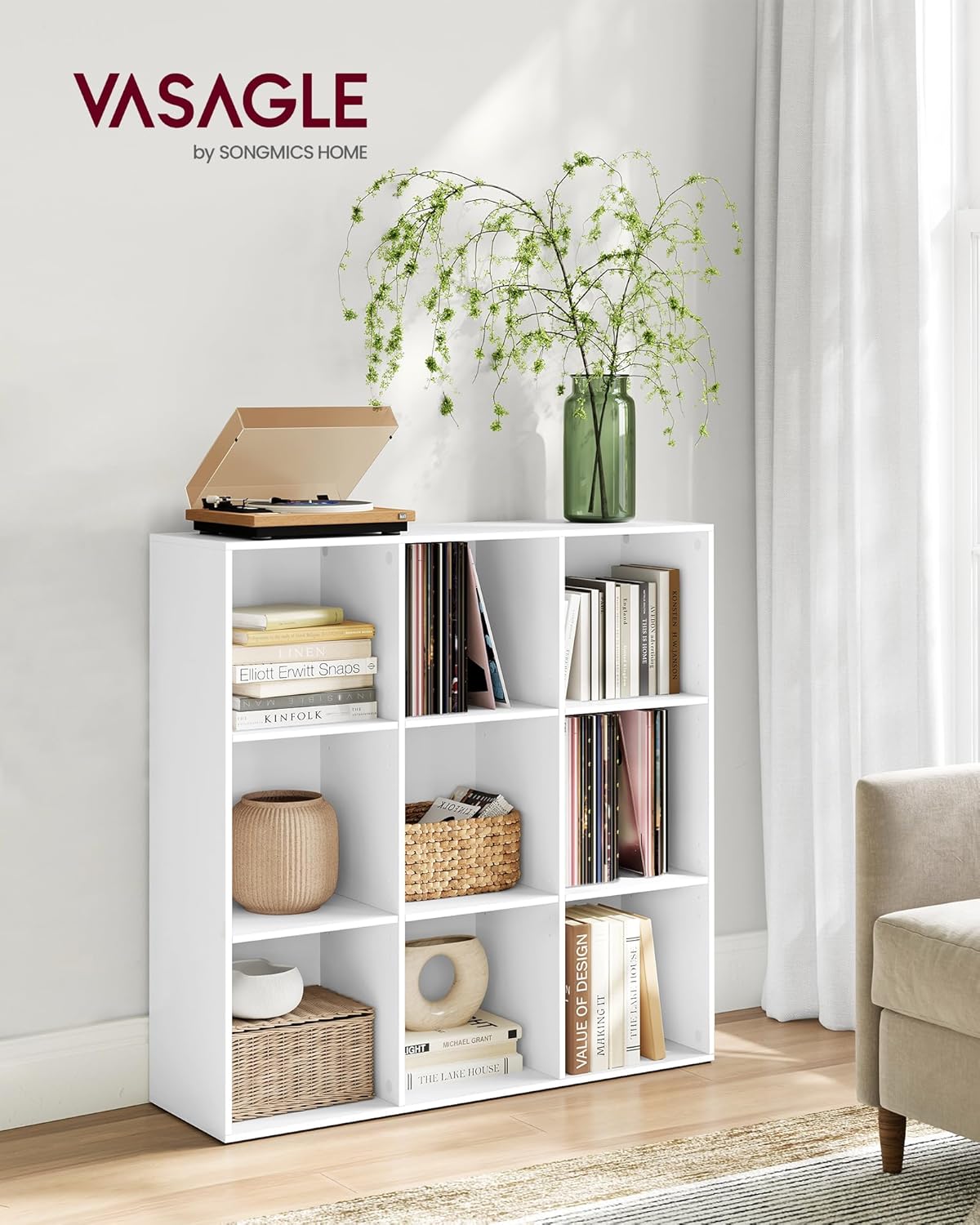 VASAGLE - bibliothèque 9 cases - blanc nuage - 92x30x92 cm - LBC177W01