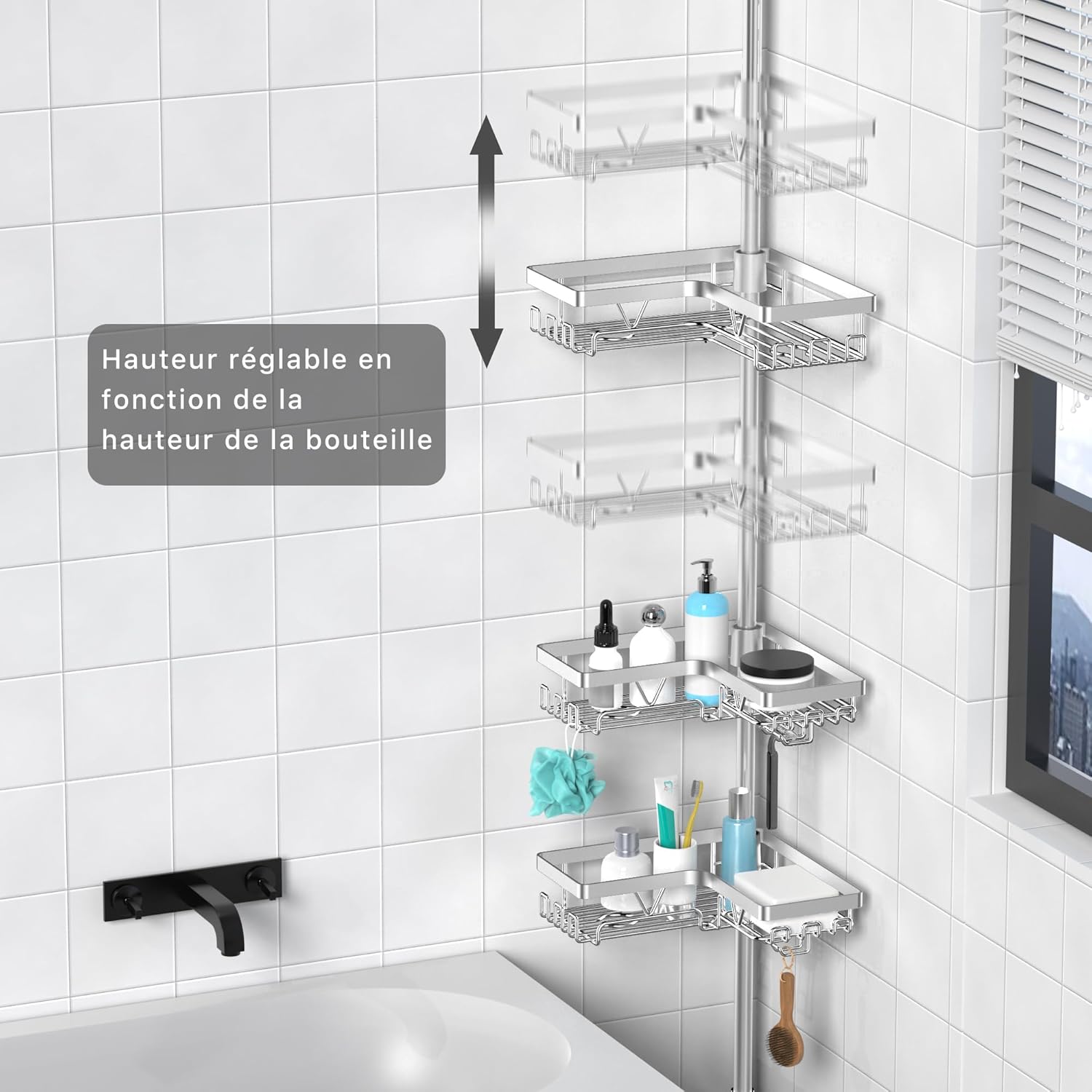 KEGII - étagère douche télescopique - 63,5-290cm - inox, 6 plateaux réglables, argenté, KEGII