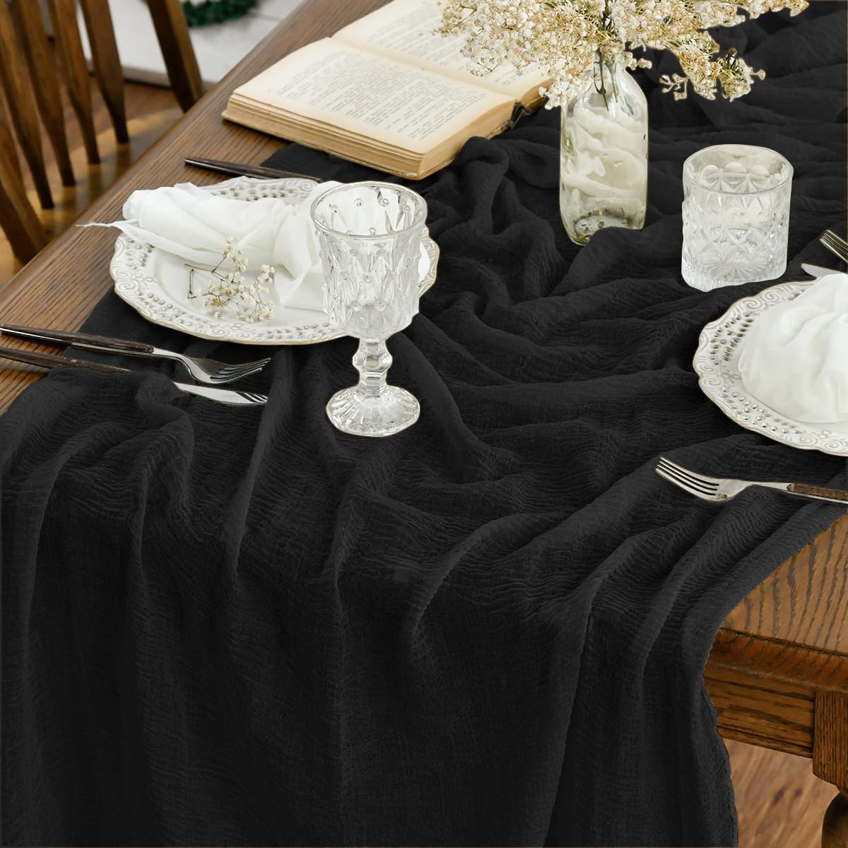 Artoid Mode - Chemins de table bohème noir - 300 cm - mousseline gaze, déco mariage/fête
