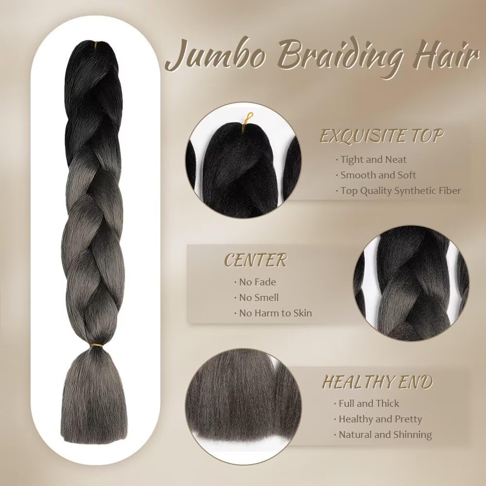 ShowJarlly - Ombre Tresse Jumbo 24'' 500g - Synthétique, Noir/Gris Foncé