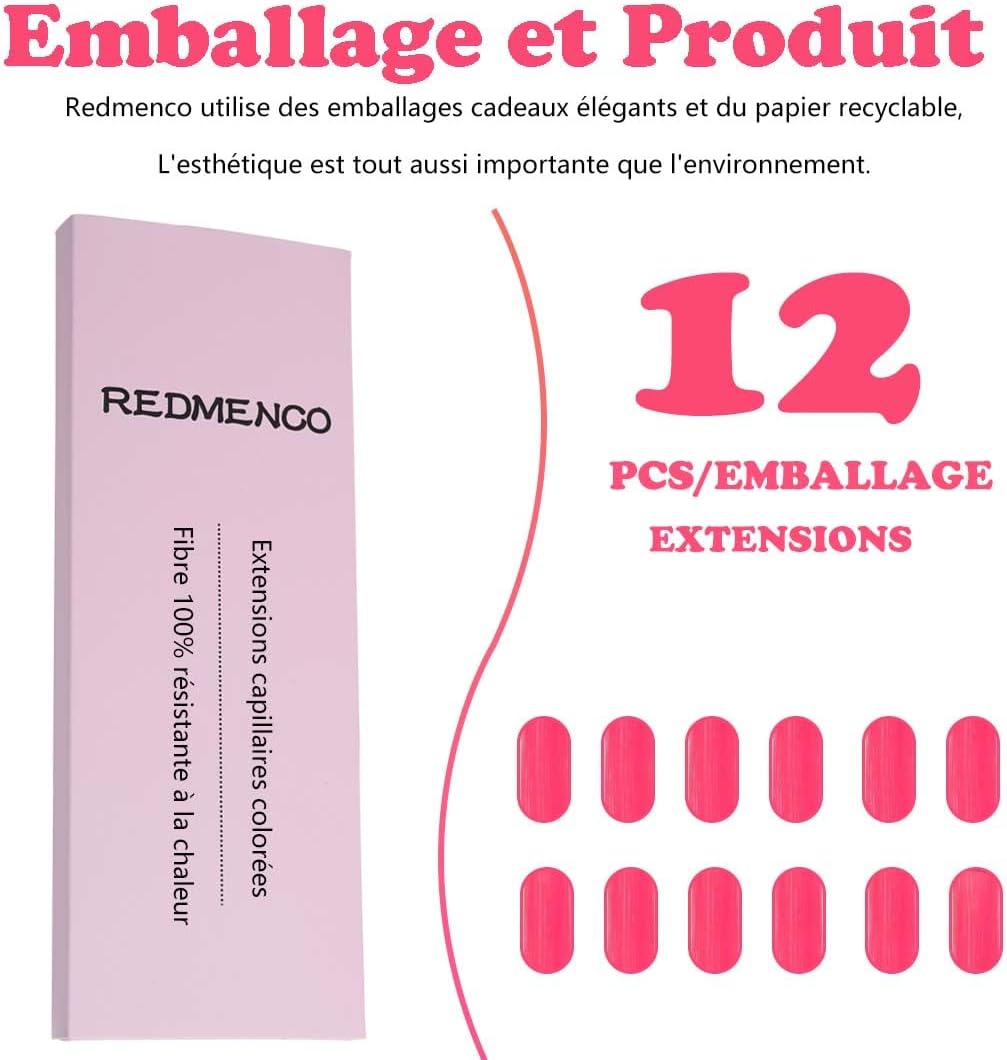 Extensions de cheveux – lot 12 pcs – rose vif – clips réutilisables