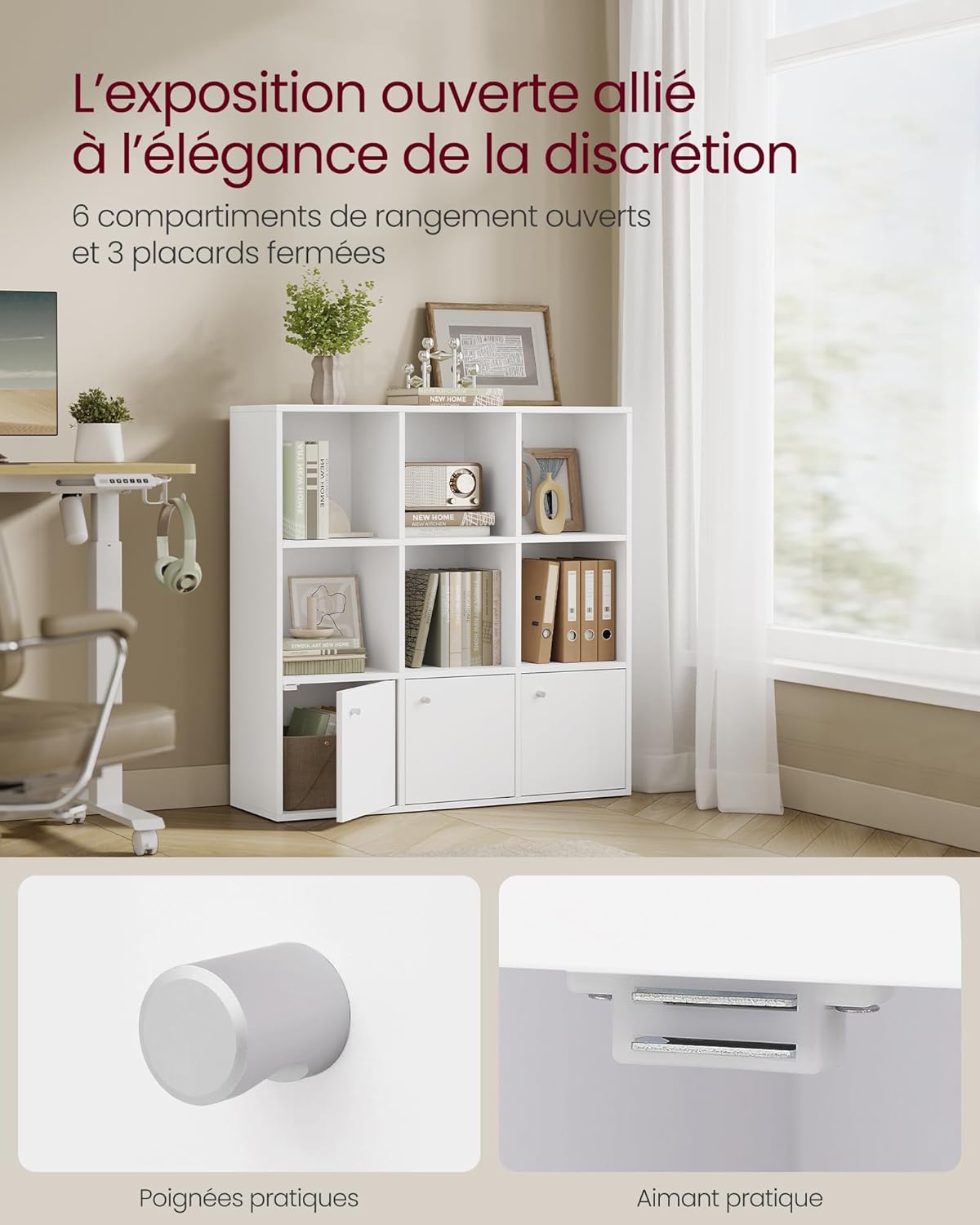 VASAGLE - bibliothèque 3 niveaux, 3 placards, 29x97,5x97,5cm LBC33WT