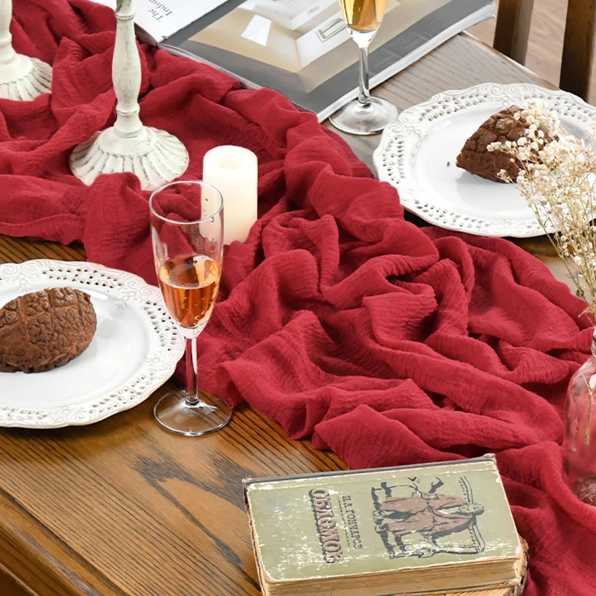 Artoid Mode - Chemins de table bohême gaze mousseline rouge - 300cm - déco mariage anniversaire