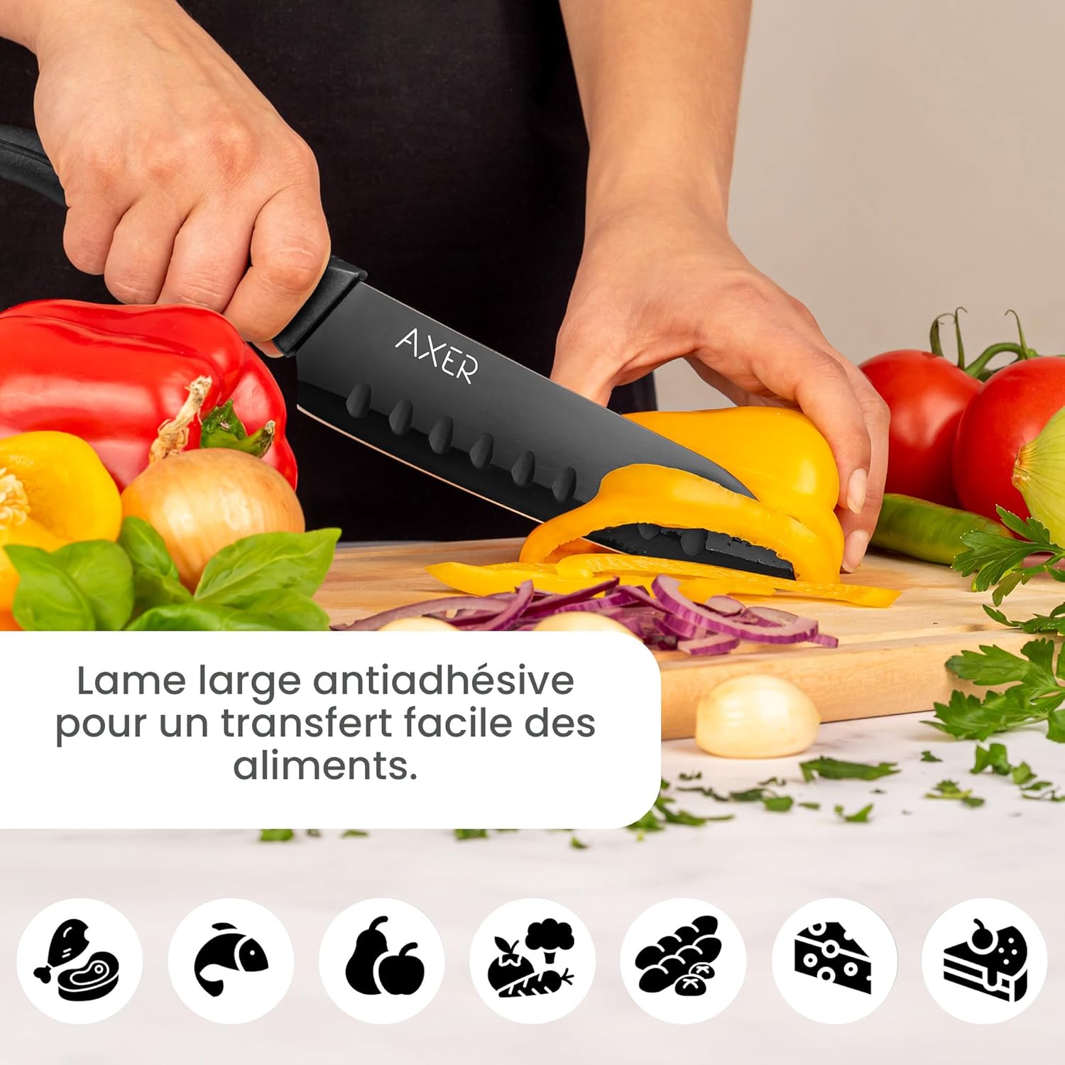 Axer - Couteau Santoku série cuisine japonaise - 18 cm lame acier, manche ergonomique