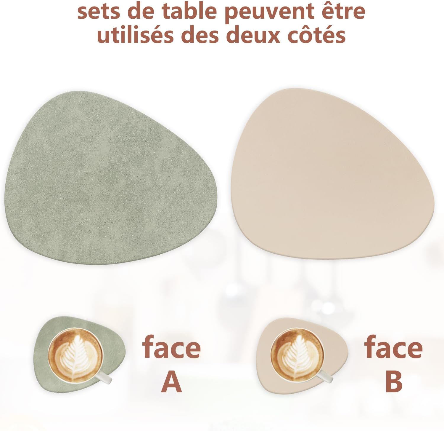 Sets de table - lot de 4 ovales 41x33cm, cuir PU double face, lavables, antidérapants, vert clair/beige