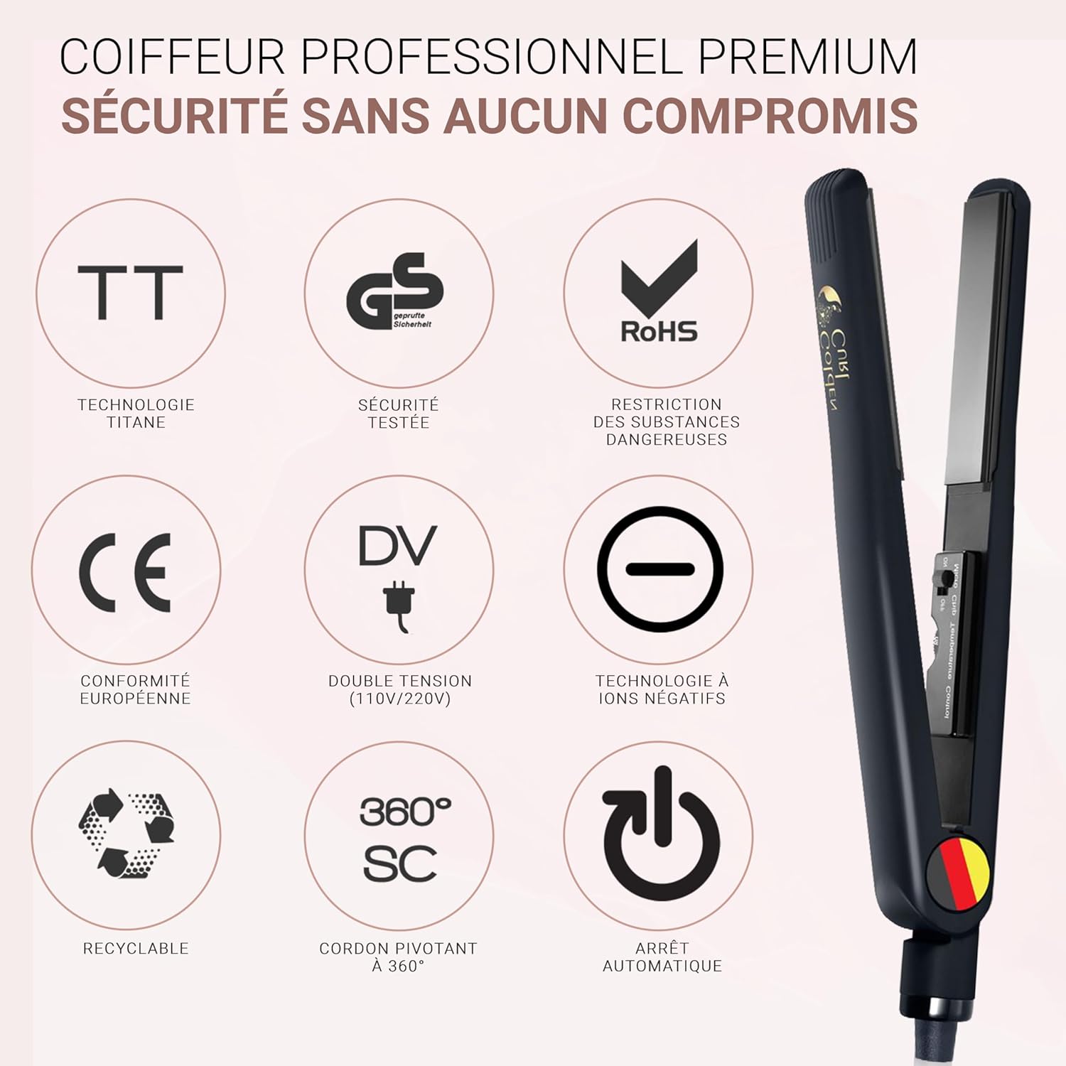 Golden Curl - Fer Lisseur Pro 2en1 - plaques 24mm - 5 ans garantie