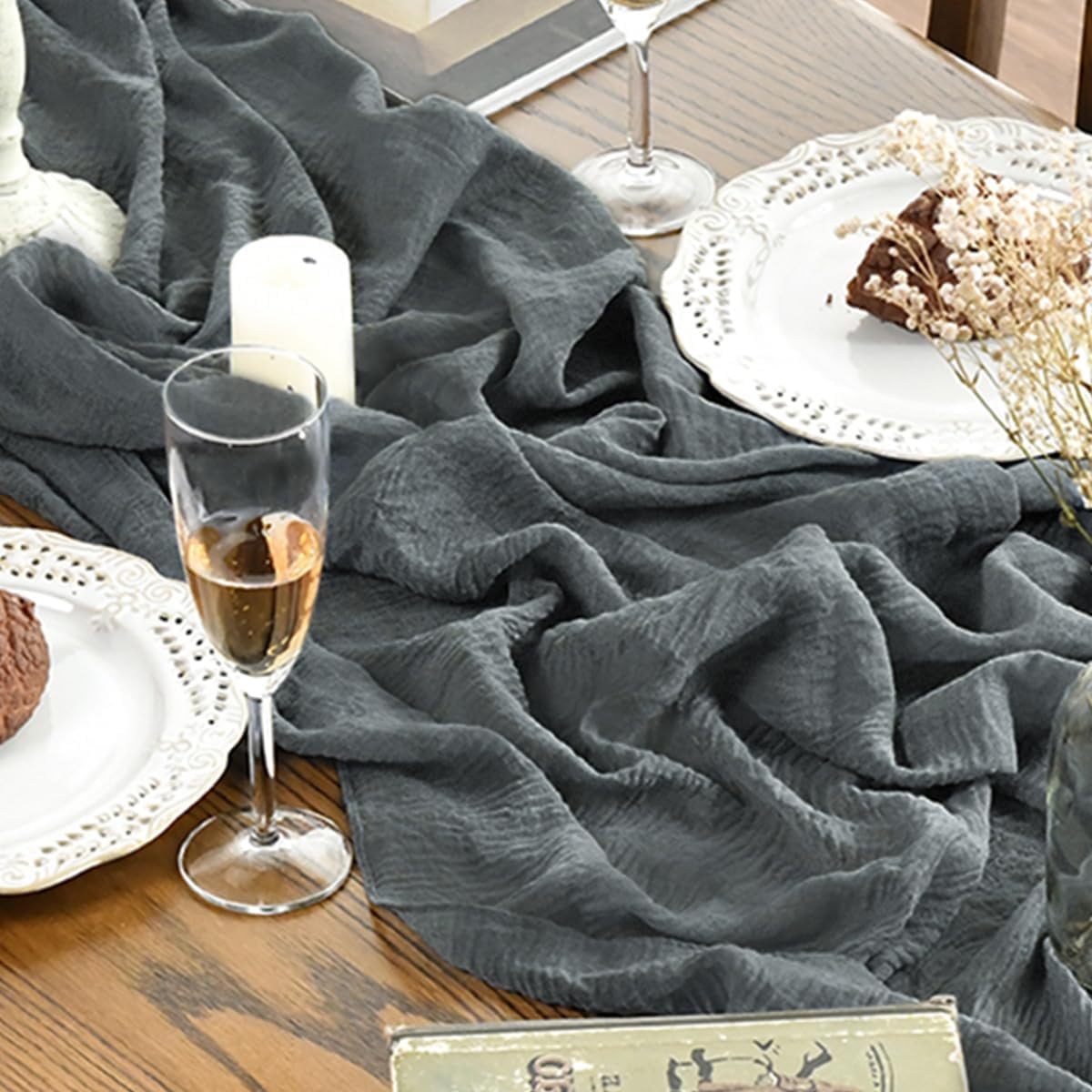 Artoid Mode - Chemins de Table Bohême - 300 cm - mousseline gaze grise, déco table fête