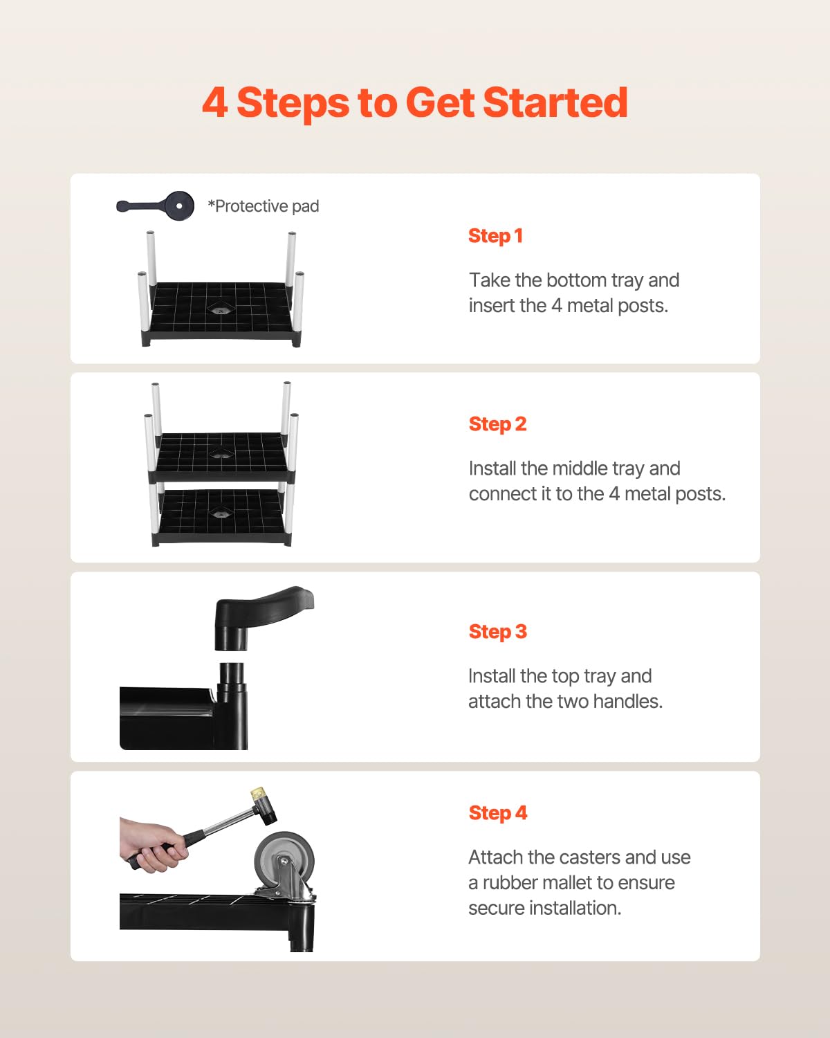 VEVOR - Chariot de service à 3 niveaux, 880x410x990mm, roulettes pivotantes