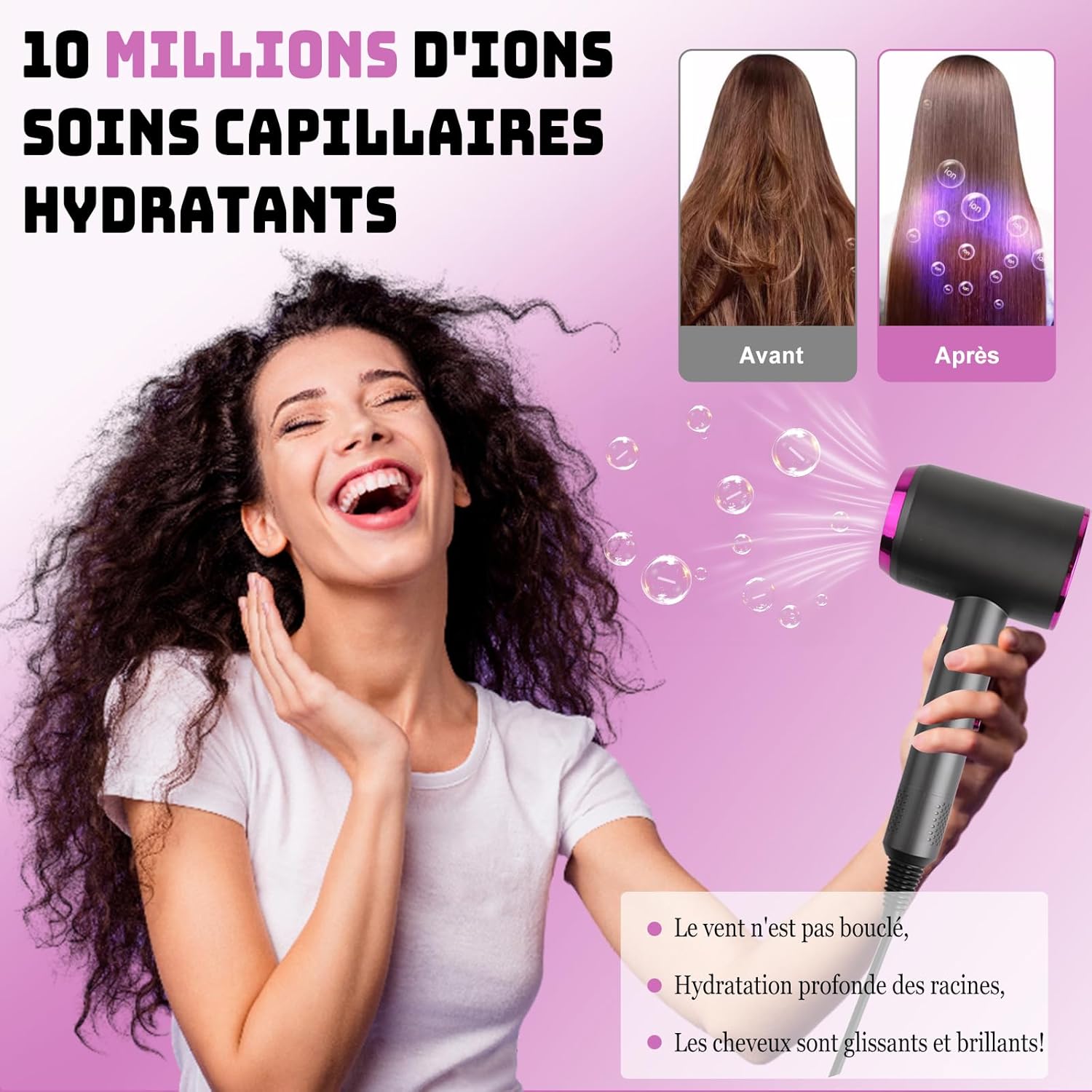 Sèche-cheveux professionnel ionique, 1250W, 3 vitesses, séchage rapide