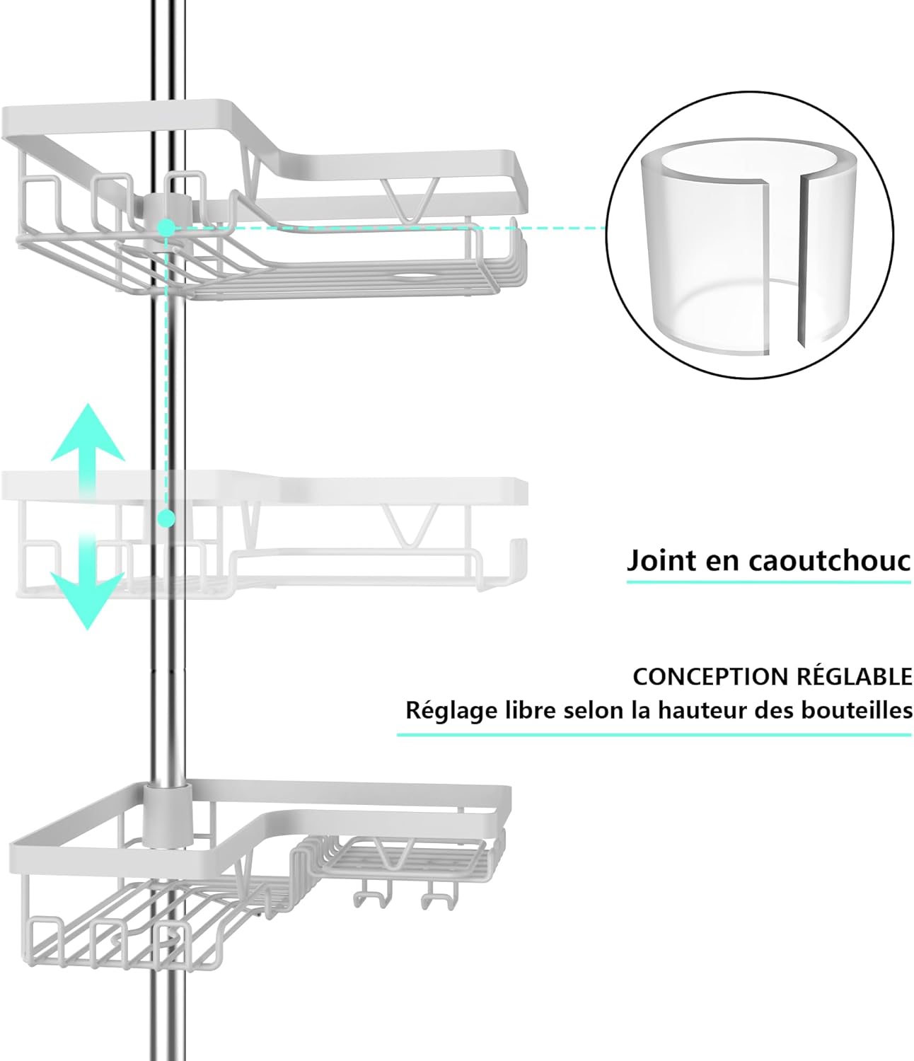 KEGII - étagère de douche 4 niveaux, largeur 63,5-290 cm, blanc brillant, télescopique, sans perçage, rangement avec pan