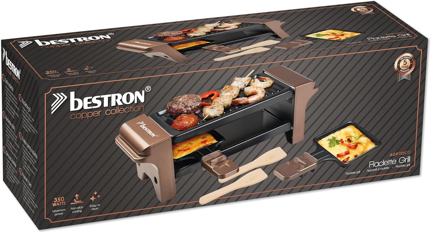 Bestron - Mini raclette cuivre 2 pers, 350W, antiadhésif, compact