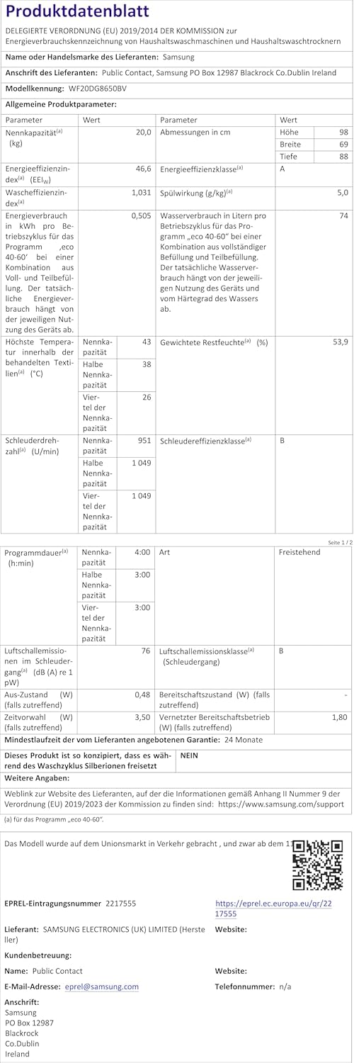 Samsung - lave-linge frontal série 8600 - grande capacité, EcoBubble - WF20DG8650BV