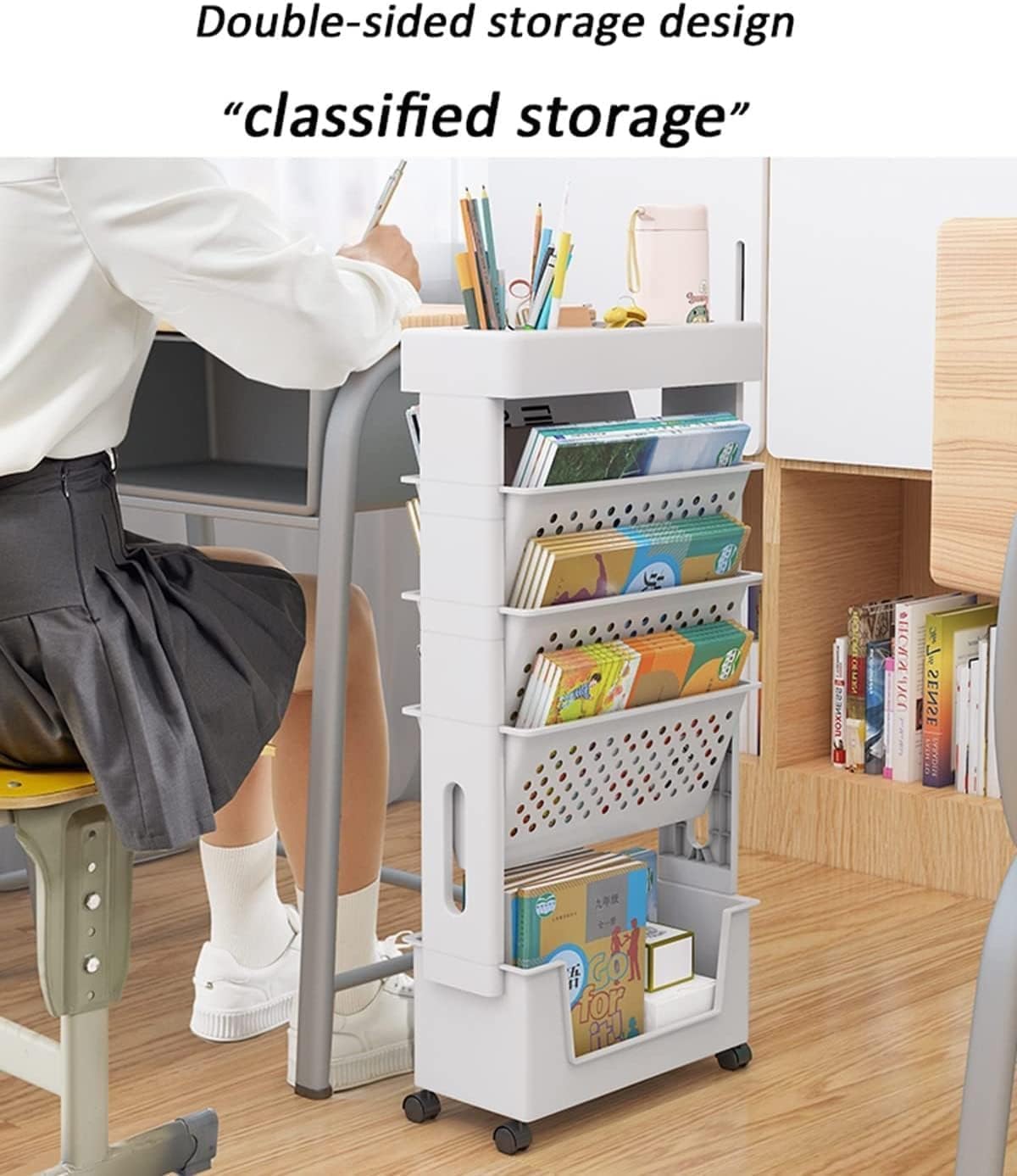 Étagère de bureau mobile - 5 niveaux - avec roulettes, rangement étroit, organisateur porte-revues, pour maison/cuisine/