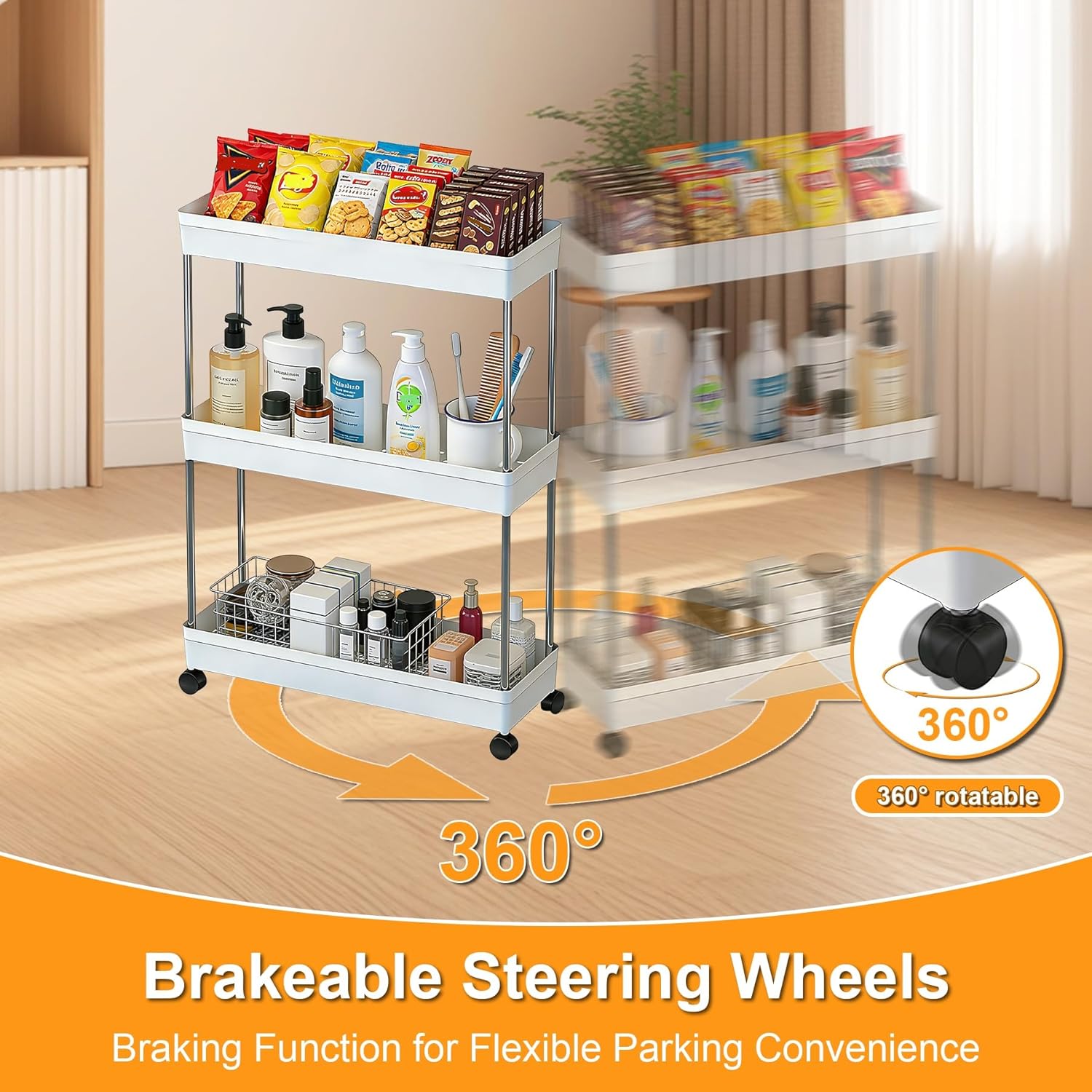 Chariot de rangement 3 niveaux, étagère mobile, blanc, compact, cuisine/salle de bain