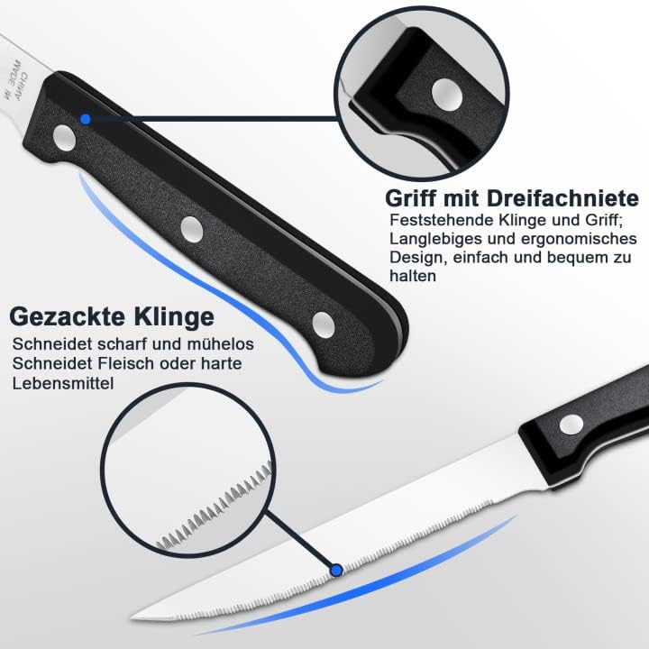 Couteaux à steak - lot de 8, acier inoxydable, dentelés, lavables