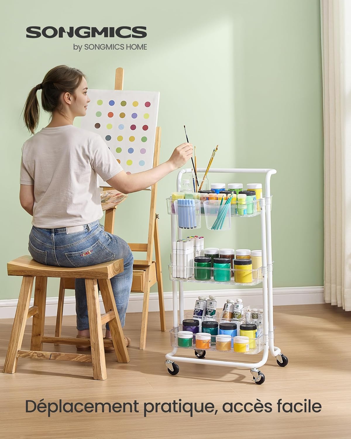 SONGMICS - desserte 3 niveaux, poignée, roulettes, 2 pots, 2 freins, BSC067W03