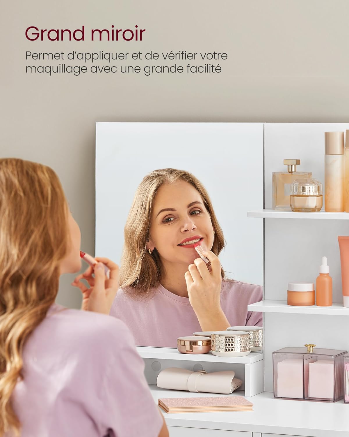 VASAGLE - Kailyn Collection - coiffeuse blanche moderne, miroir, étagères ajustables, 1 tiroir, RDT119W01