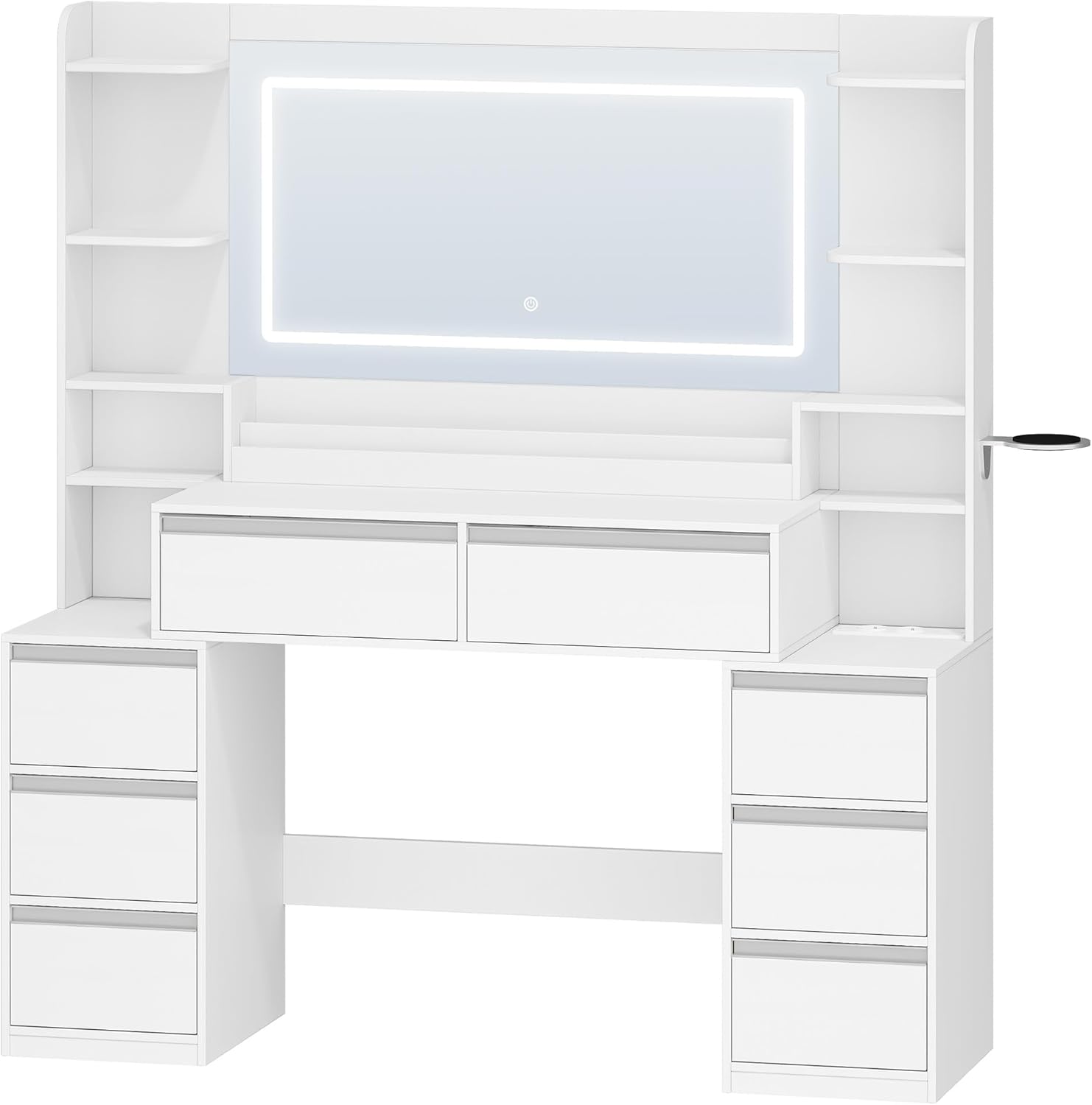 Coiffeuse - 135 cm - miroir LED, 8 tiroirs, prises, blanc-argent