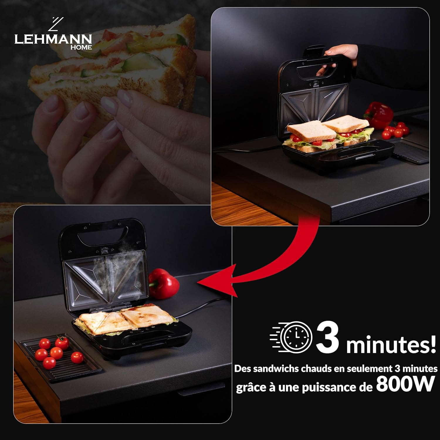 LEHMANN - Appareil 3 en 1 - plaques échangeables - gaufres, panini, croque monsieur, antiadhésif
