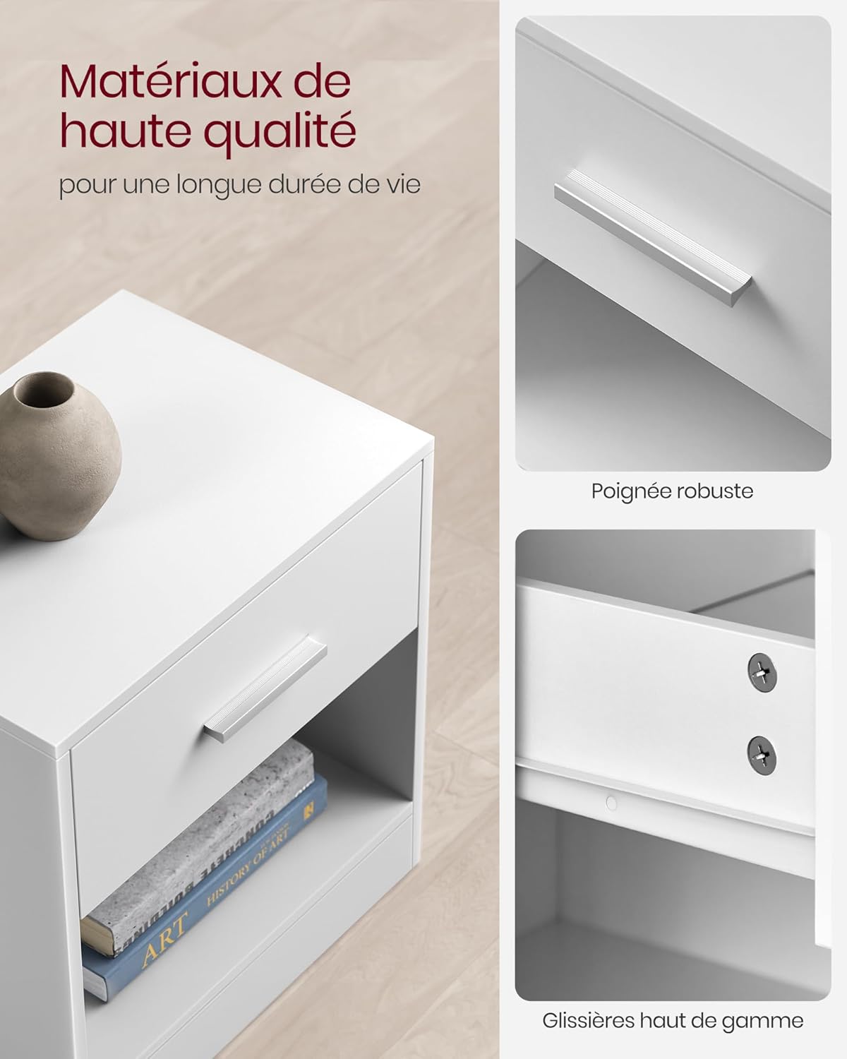 VASAGLE – Table de nuit lot de 2 – blanc, tiroir, compartiment ouvert, LET819T14