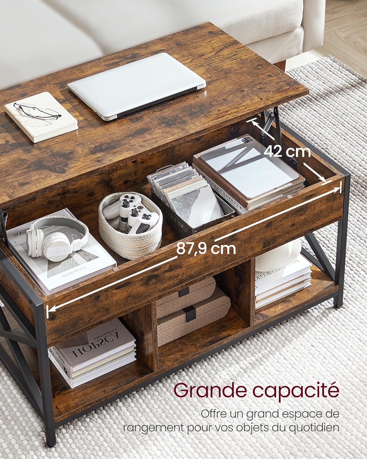 VASAGLE - Table basse série LCT202B01 - 50x100x(46,5-62)cm - plateau relevable, rangement caché, acier