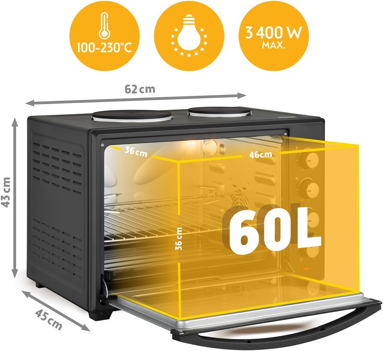 TZS First Austria - Mini-four 60L - 3200W, 230°C, 6 modes, 4 hauteurs