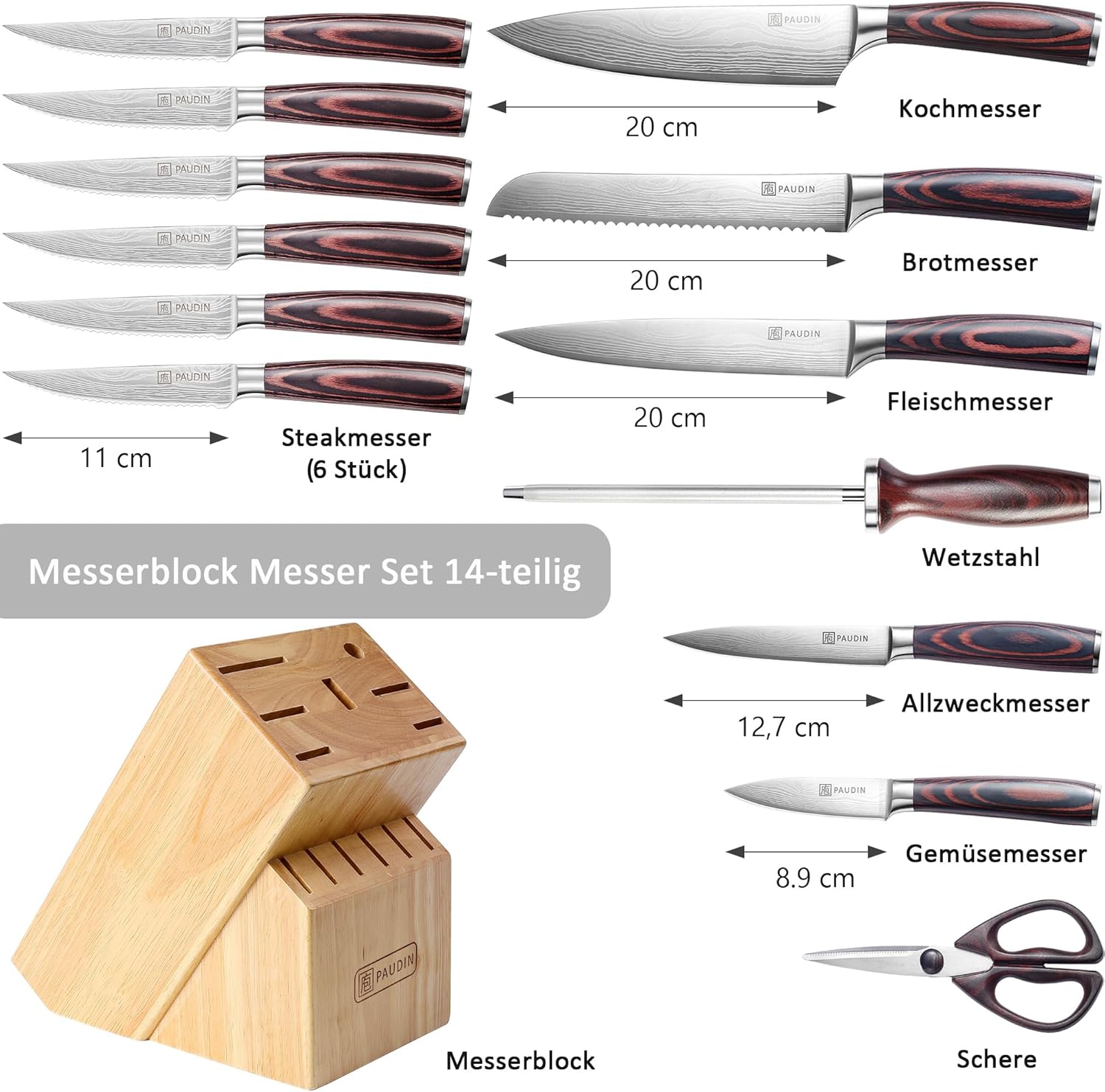 PAUDIN - Set Couteaux Cuisine Série Pro - 14 pcs - Acier Allemand, manche bois