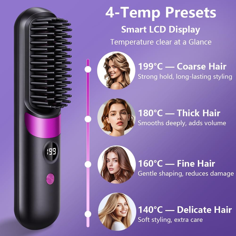 LOPHE - Brosse lissante sans fil - écran LED, 4 températures, 3600mAh