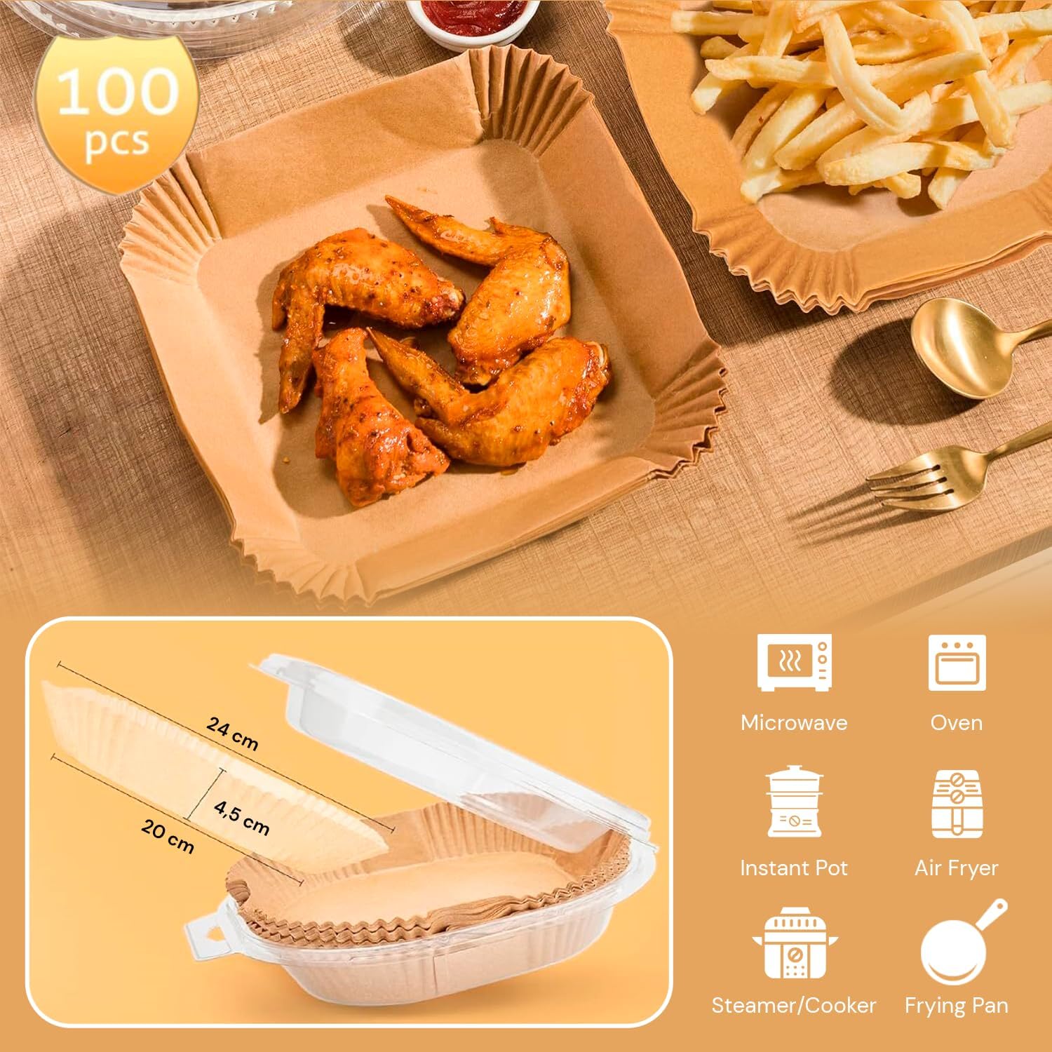 edihome - papier cuisson air fryer - 20-24 cm - 100 unités, jetable, BPA free