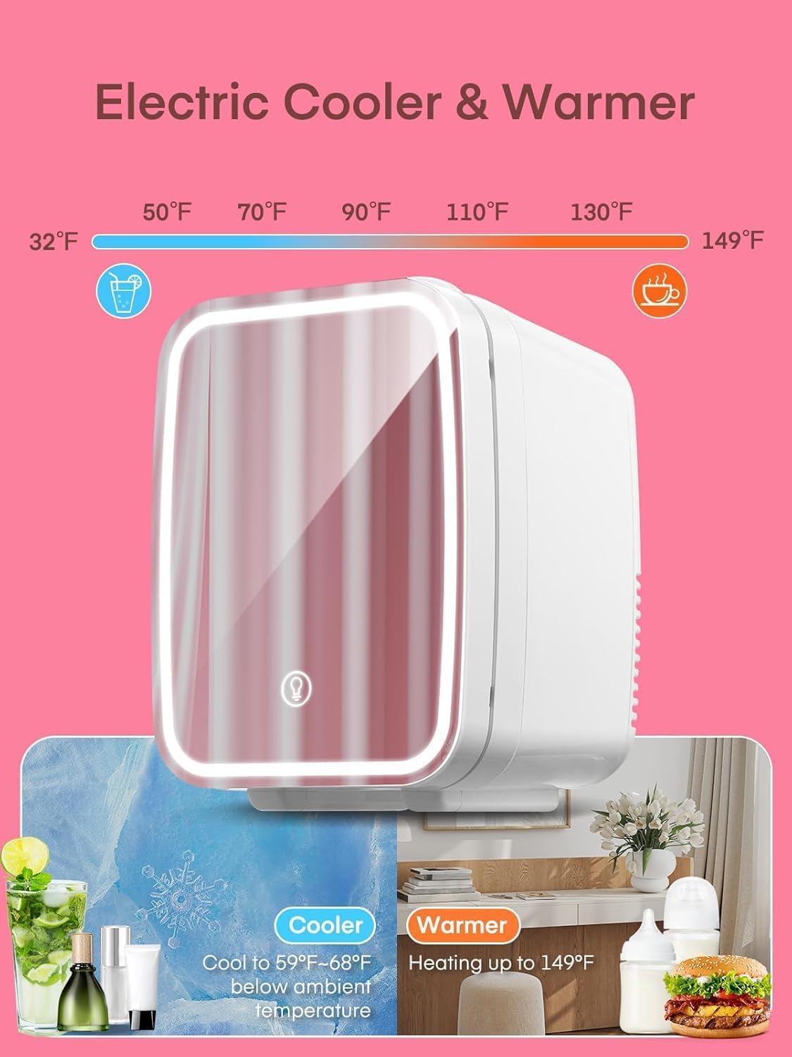 FOHERE - mini frigo 5L - miroir LED - chaud/froid, portable, blanc