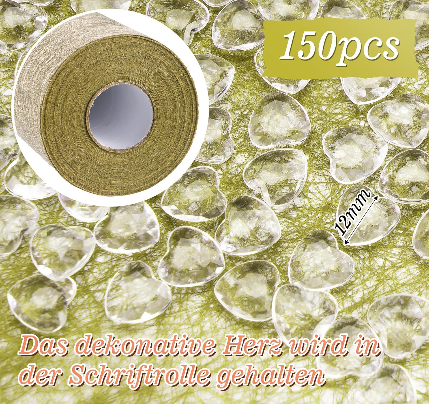 Chemin de table - non-tissé doré vert - 23x3000 cm - 150 cœurs décoratifs