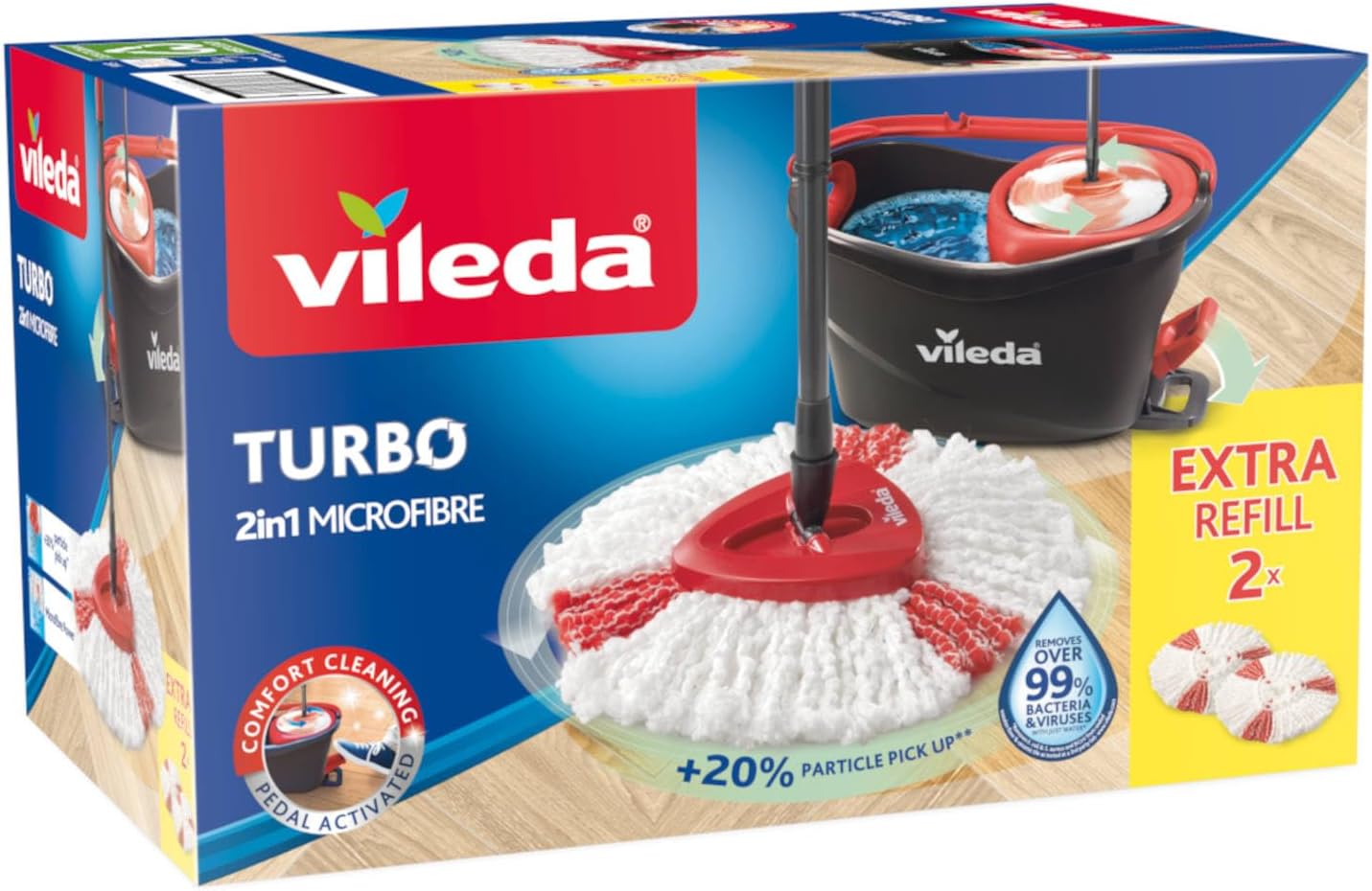 Vileda - Easy Wring & Clean Turbo - 85-130cm - balai à franges, seau à pédale, microfibres 2en1