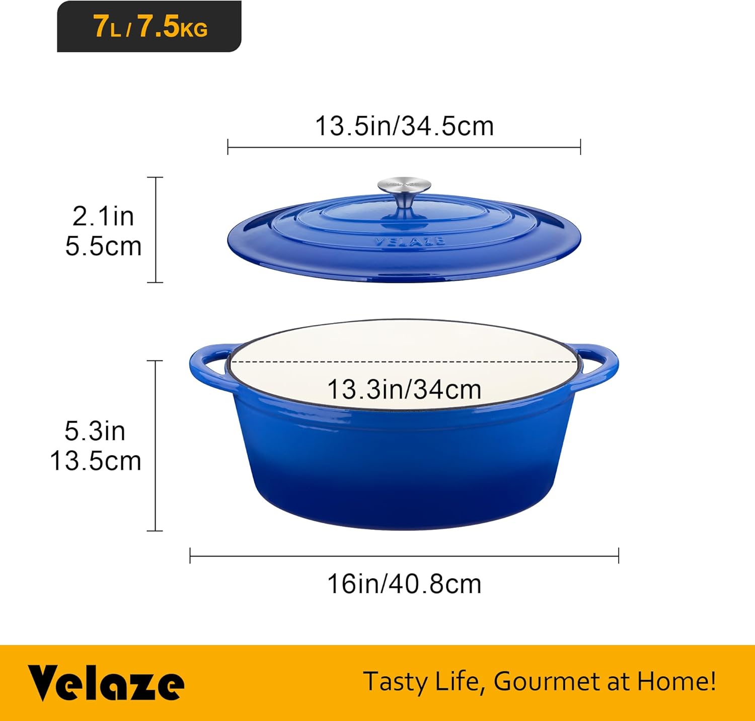 Velaze - Cocotte fonte émaillée série Ovale 7L 34cm, induction, antiadhésive, bleue