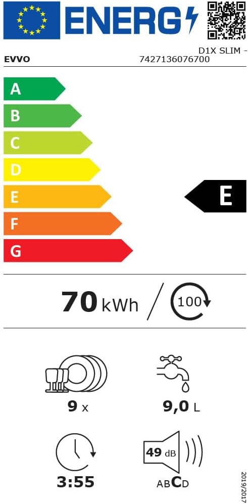 EVVO - lave-vaisselle D1 Slim - 45 cm - 9 couverts, 5 programmes, plateau réglable, inox