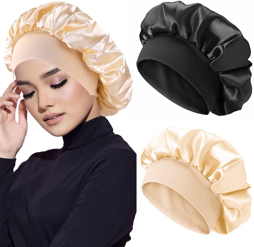Bonnet satin femme - lot de 2 - protection nuit cheveux, réglable