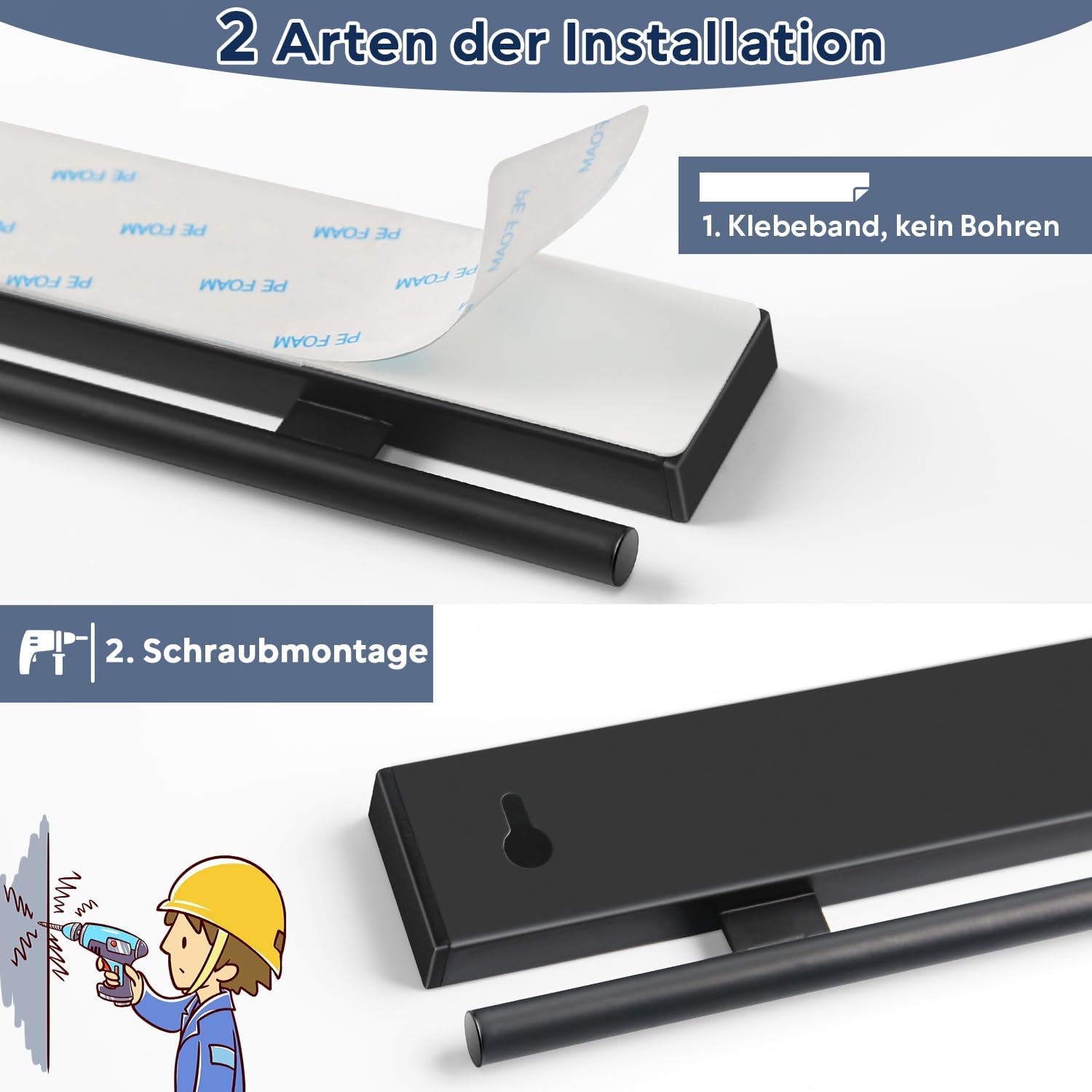 Dmore - Barre magnétique noire 43 cm, 10 crochets, adhésif inclus