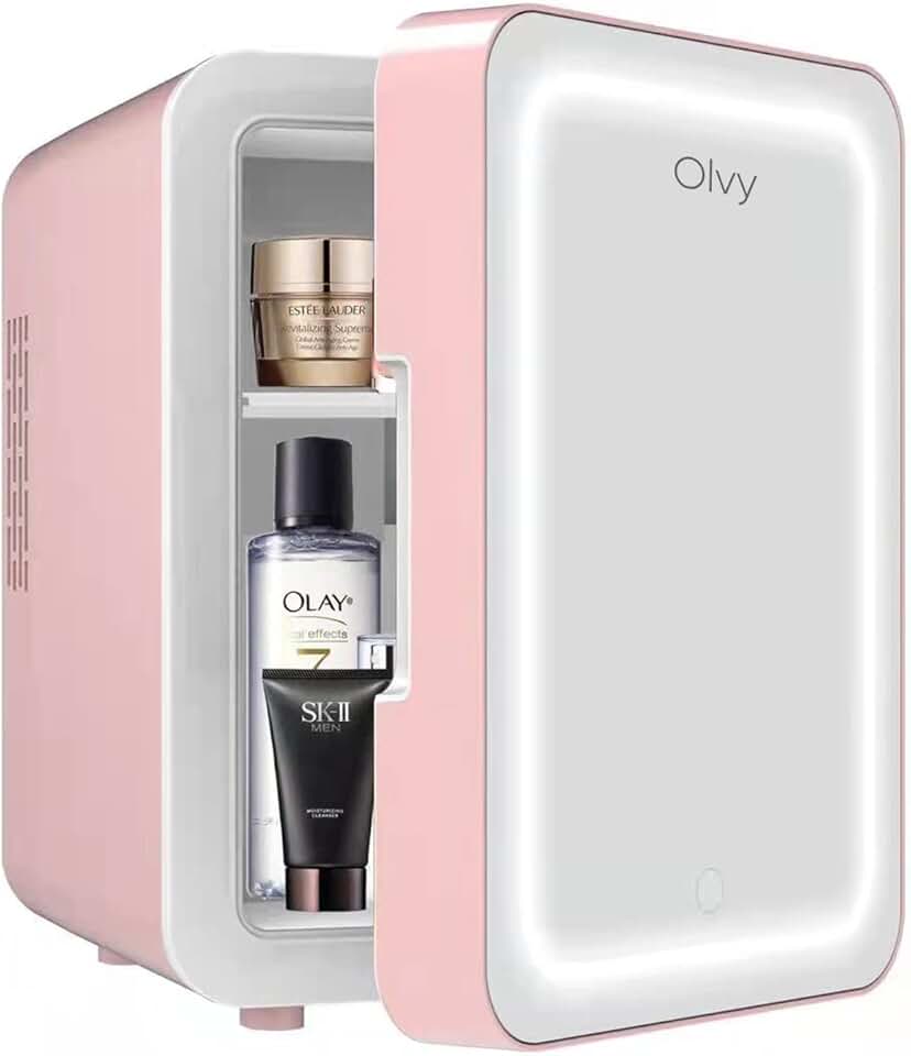 Olvy - Mini Réfrigérateur 4L - miroir LED, portable, rose