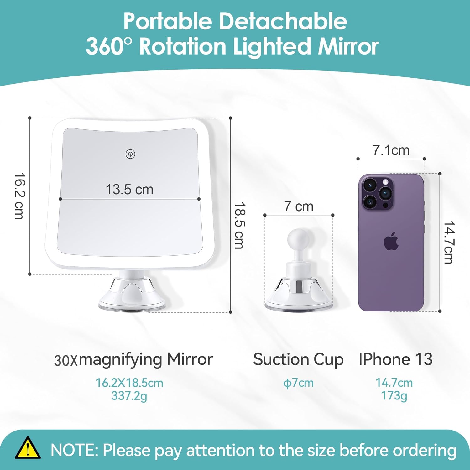 Miroir grossissant - carré 30x - lumineux, tactile, ventouse, rechargeable, rotation 360°