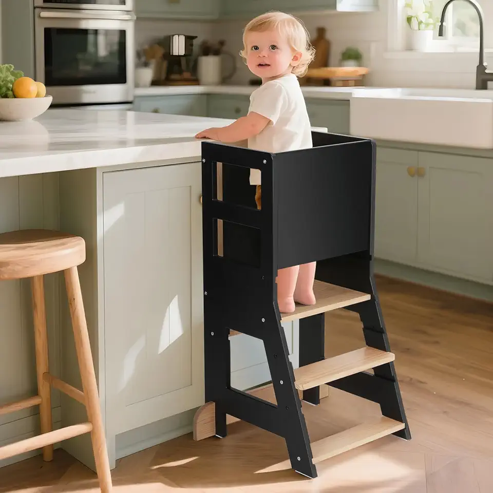 KIDINIX - Tour d'apprentissage réglable, bois/noir, anti-basculement, tableau