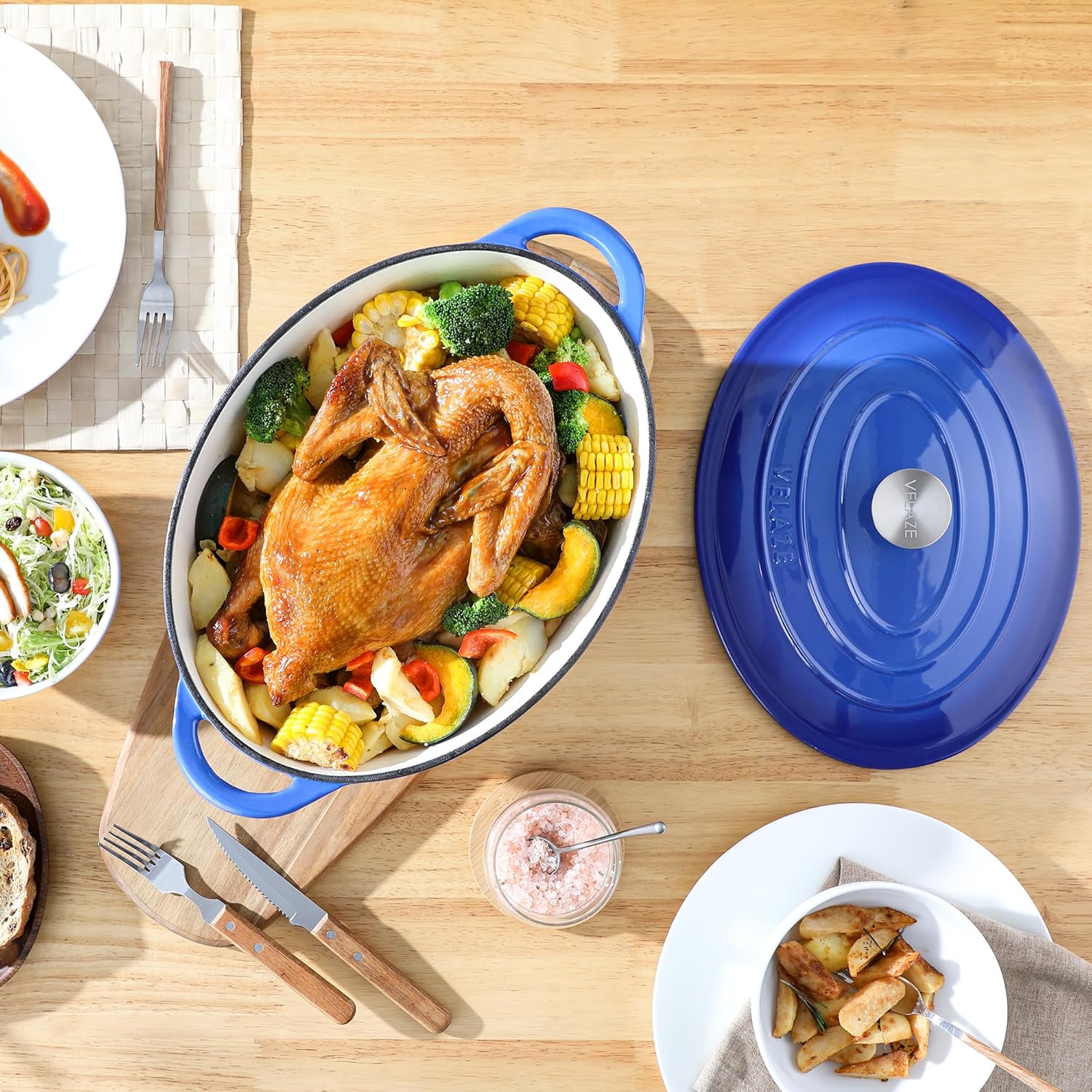 Velaze - Cocotte fonte émaillée série Ovale 7L 34cm, induction, antiadhésive, bleue