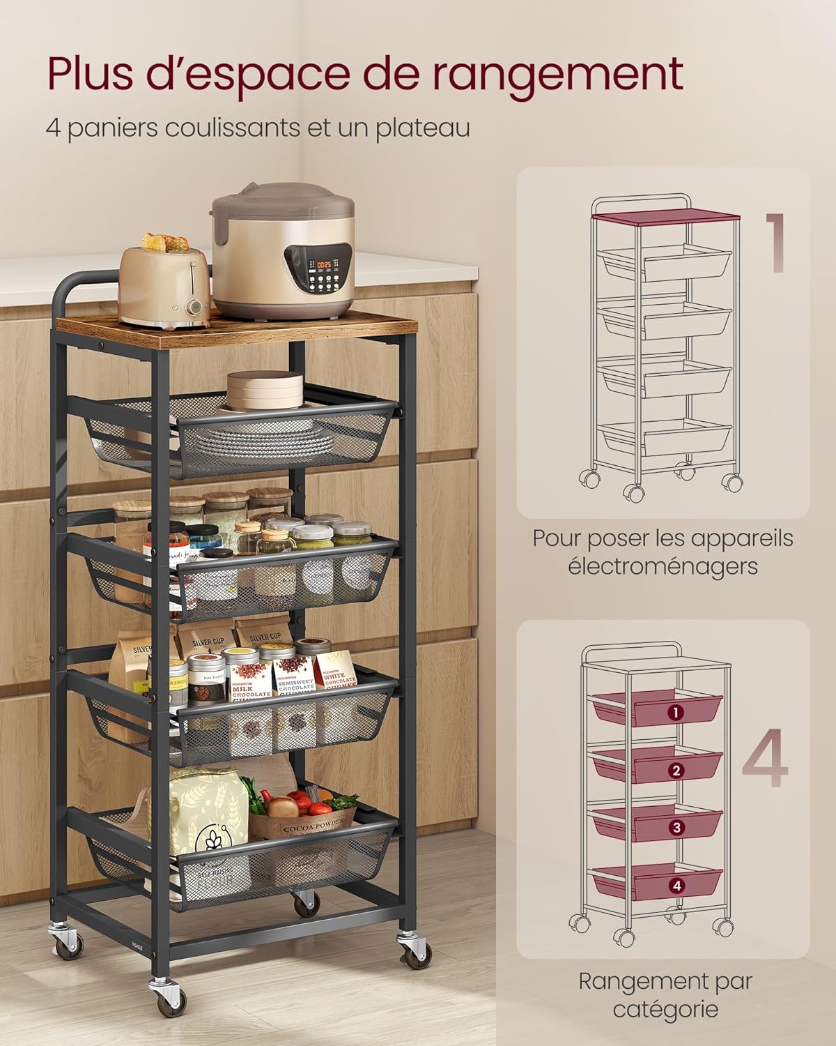 VASAGLE - chariot 5 niveaux, paniers extractibles, 31,7x40x95 cm, roulettes, poignée, LRC041K01