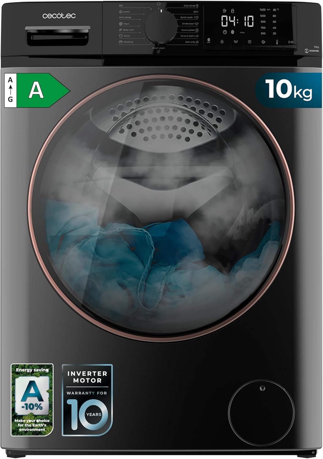 Cecotec - Bolero DressCode 10610 - 10kg, 1400rpm, inverter, anti-bactérien, 15 programmes, 10610