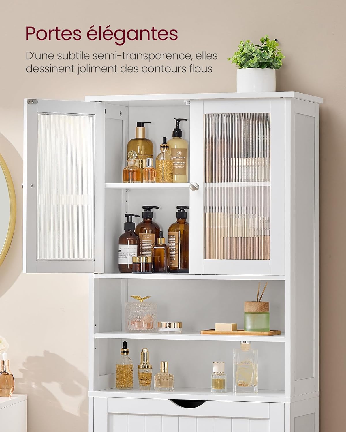 VASAGLE - armoire de rangement salle de bain, étagères réglables, tiroir, blanc, BBC768W01
