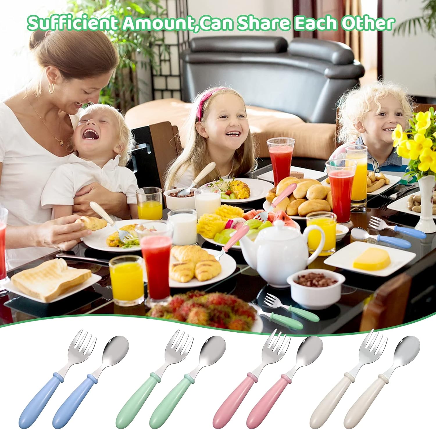 Couverts enfants inox - 8 pièces - poignée ronde, 4 couleurs