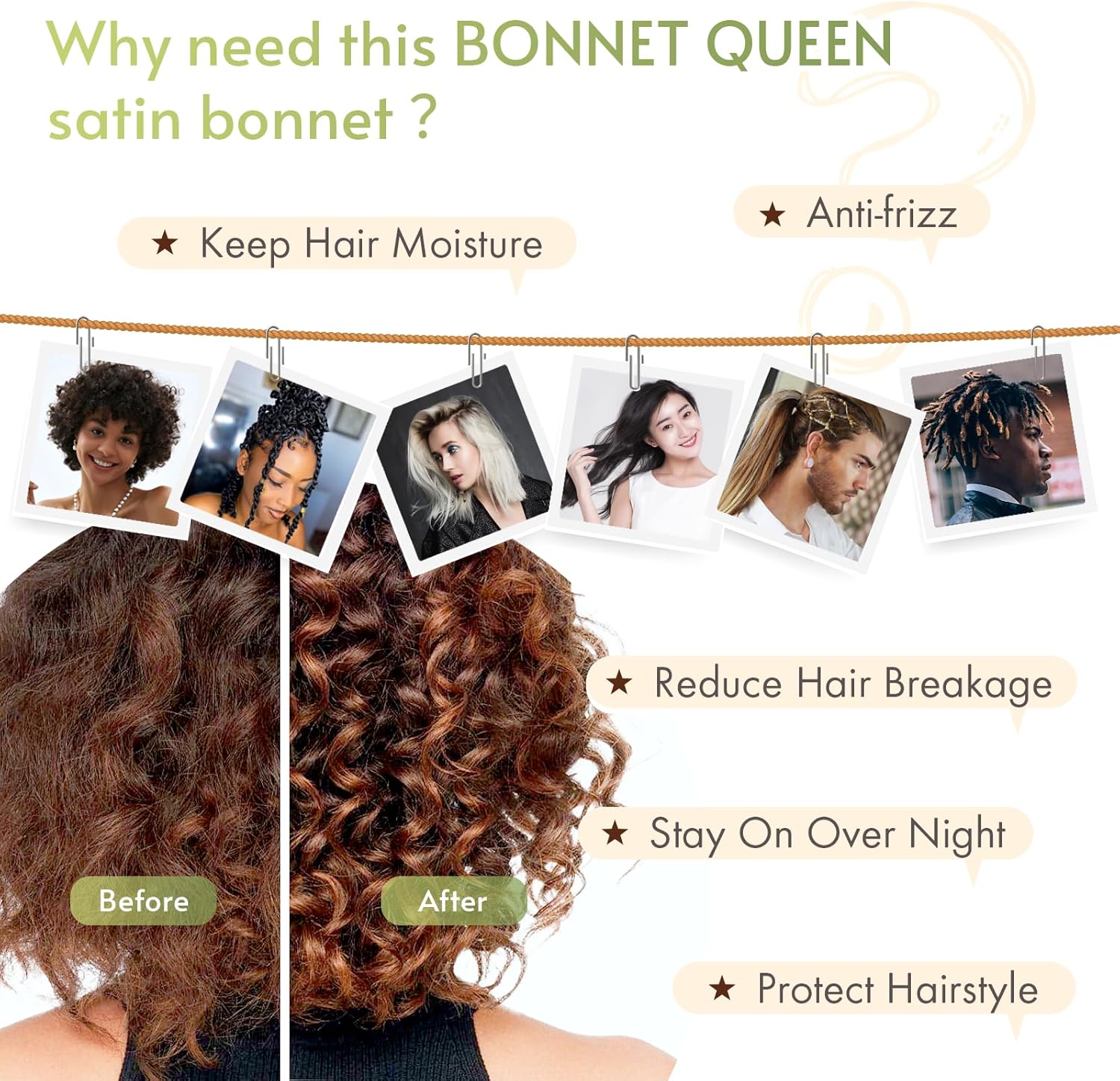 BONNET QUEEN - bonnet satin nuit, taille M, élastique ajustable, kaki