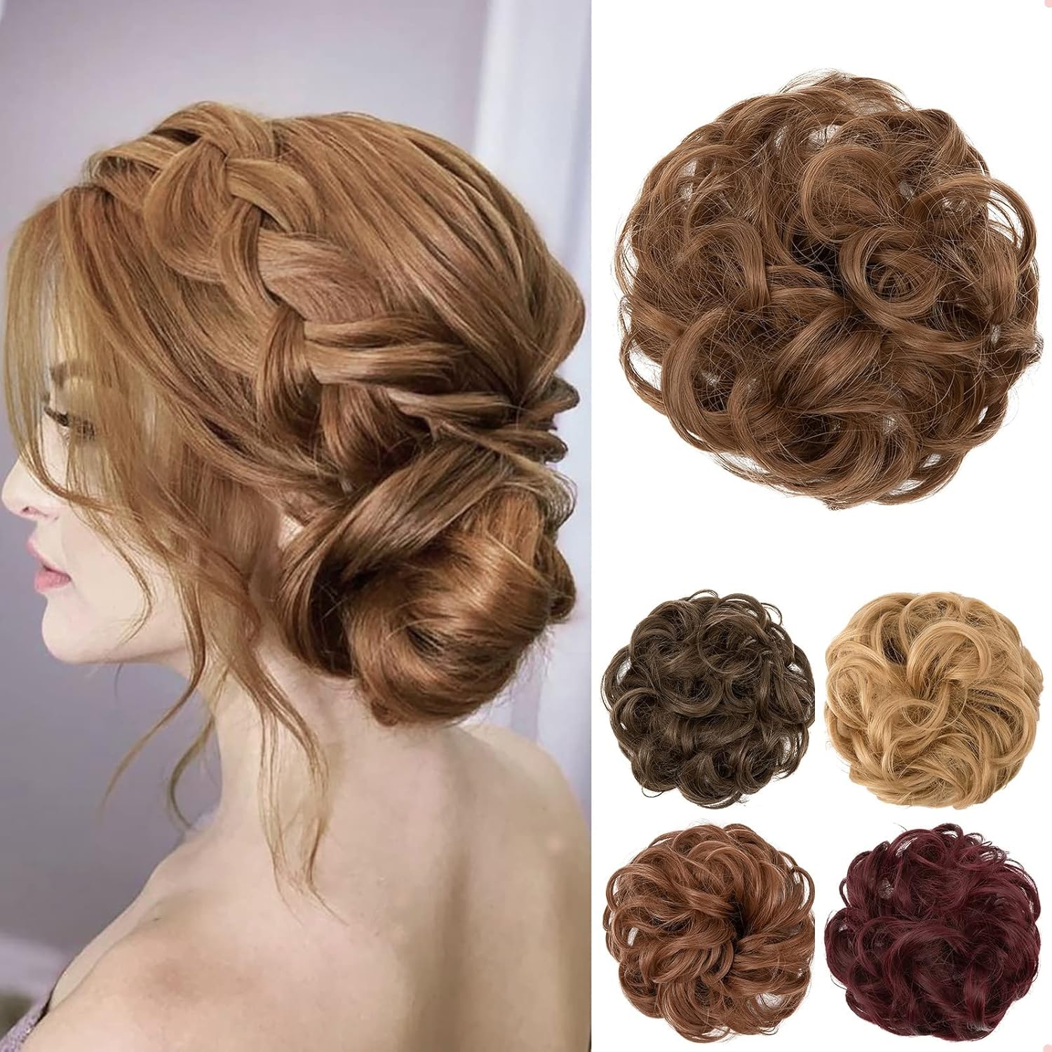 JJstar - Chignon postiche bouclé, élastique, cheveux auburn medium