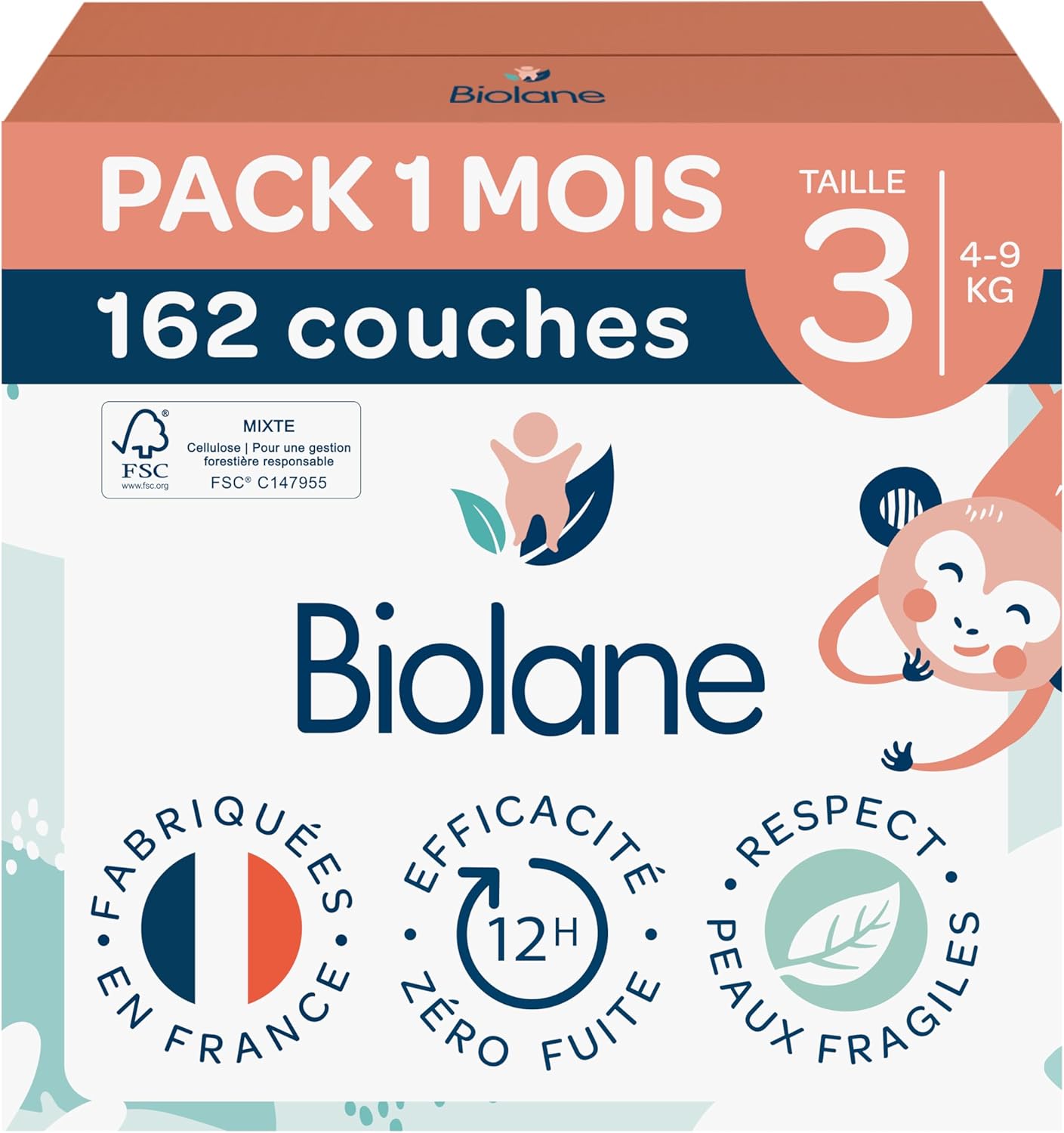 Biolane - couches bébé taille 3 (4-9kg) - ultra-absorbant, 12h au sec, pack 162, fabriqué en France